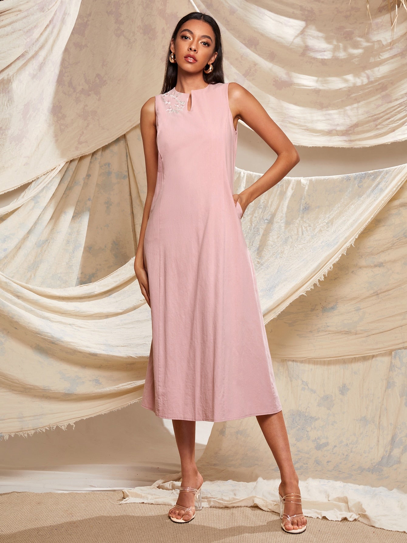 Floral Embroidery Notch Neck Dress