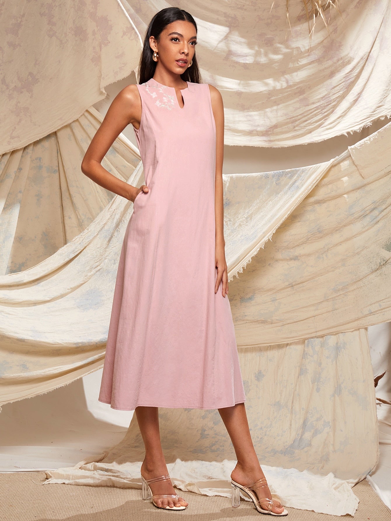 Floral Embroidery Notch Neck Dress