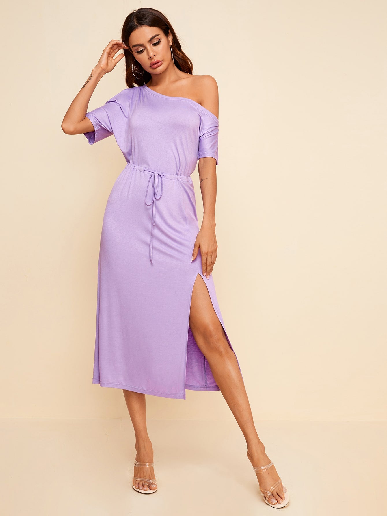 Asymmetrical Neck Split Thigh Drawstring Fitted Dress
