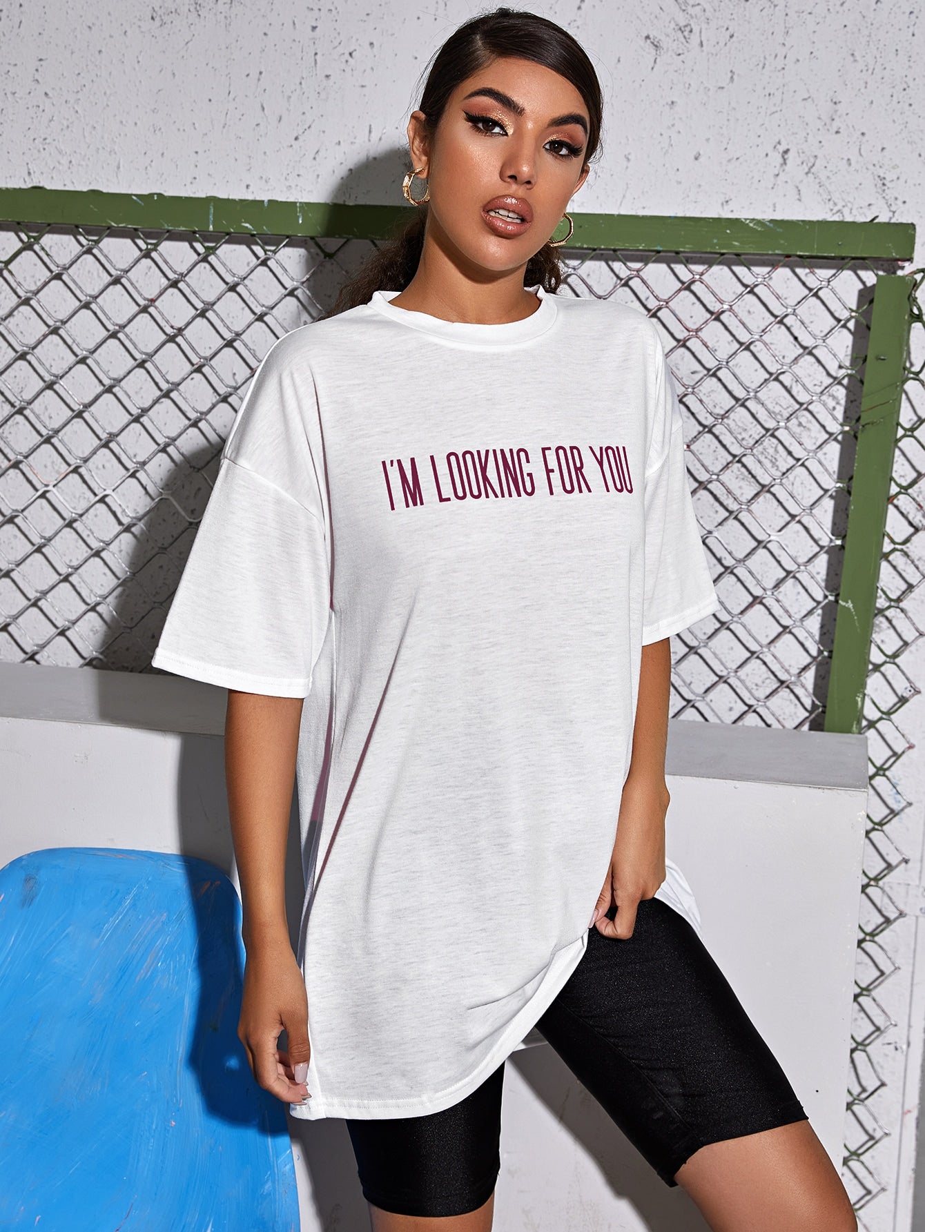 Drop Shoulder Slogan Graphic Longline Tee