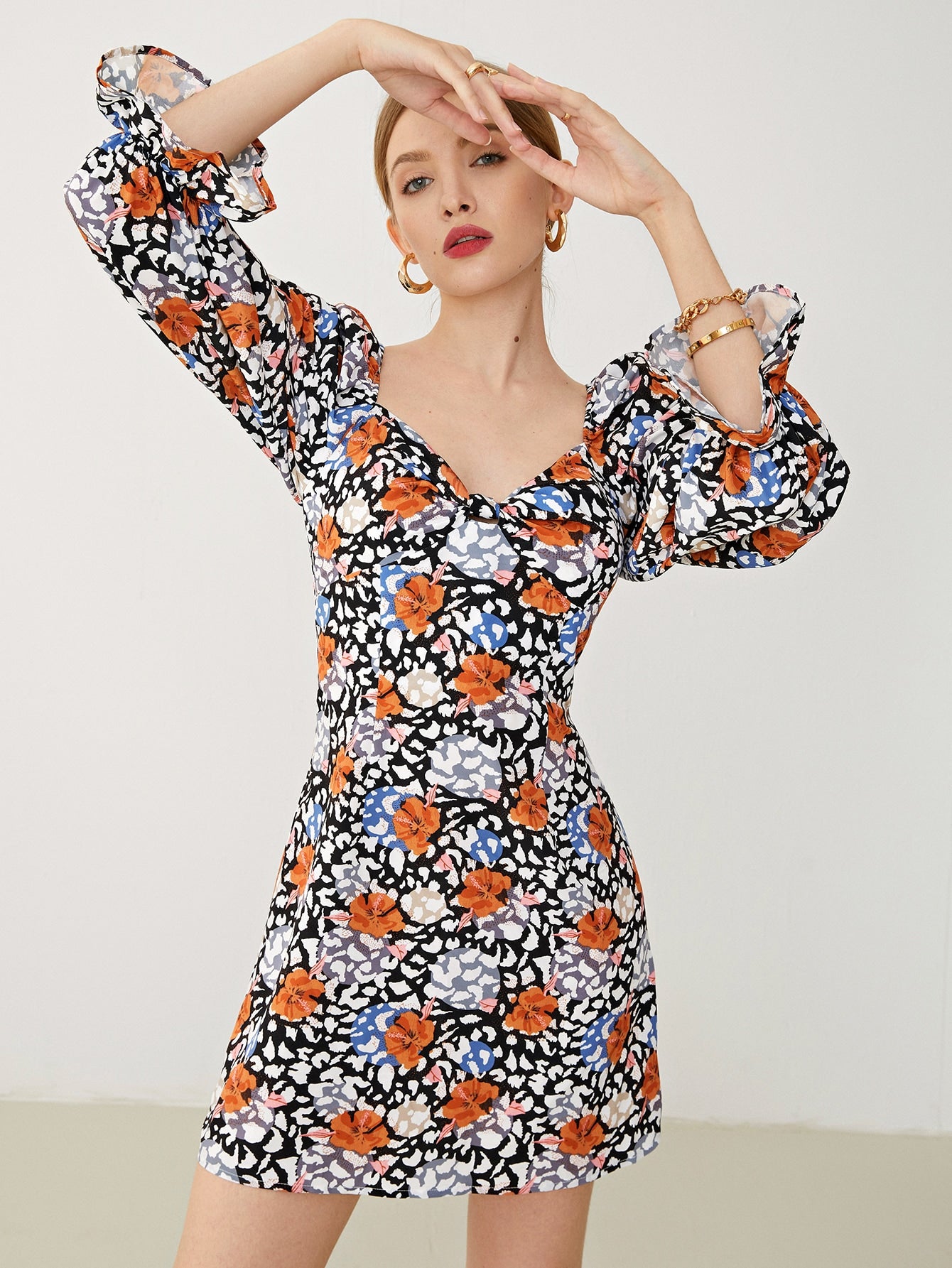 Flounce Sleeve Gathered Front Floral Dress