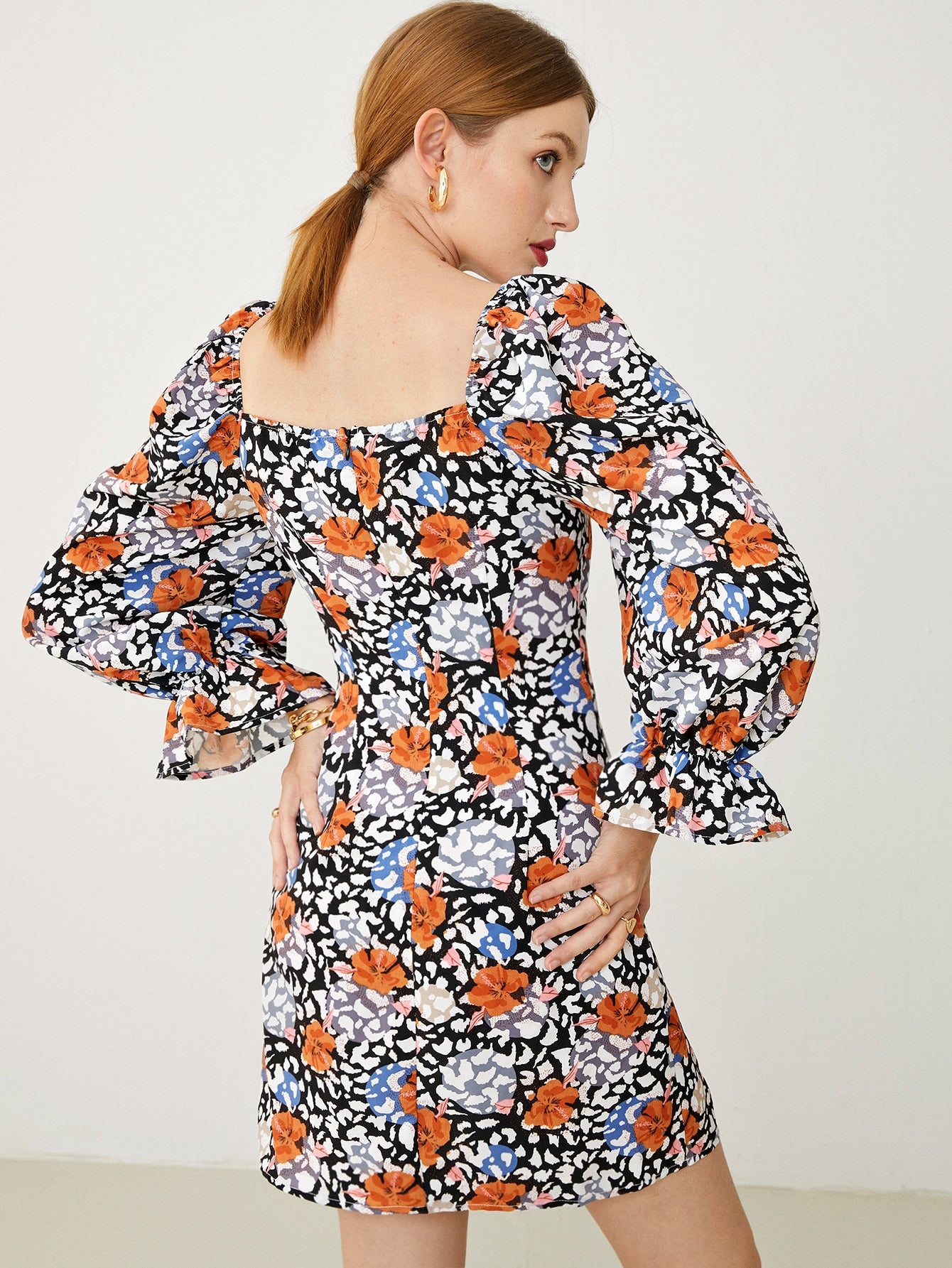 Flounce Sleeve Gathered Front Floral Dress