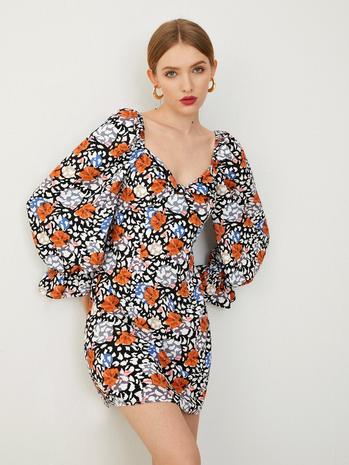 Flounce Sleeve Gathered Front Floral Dress