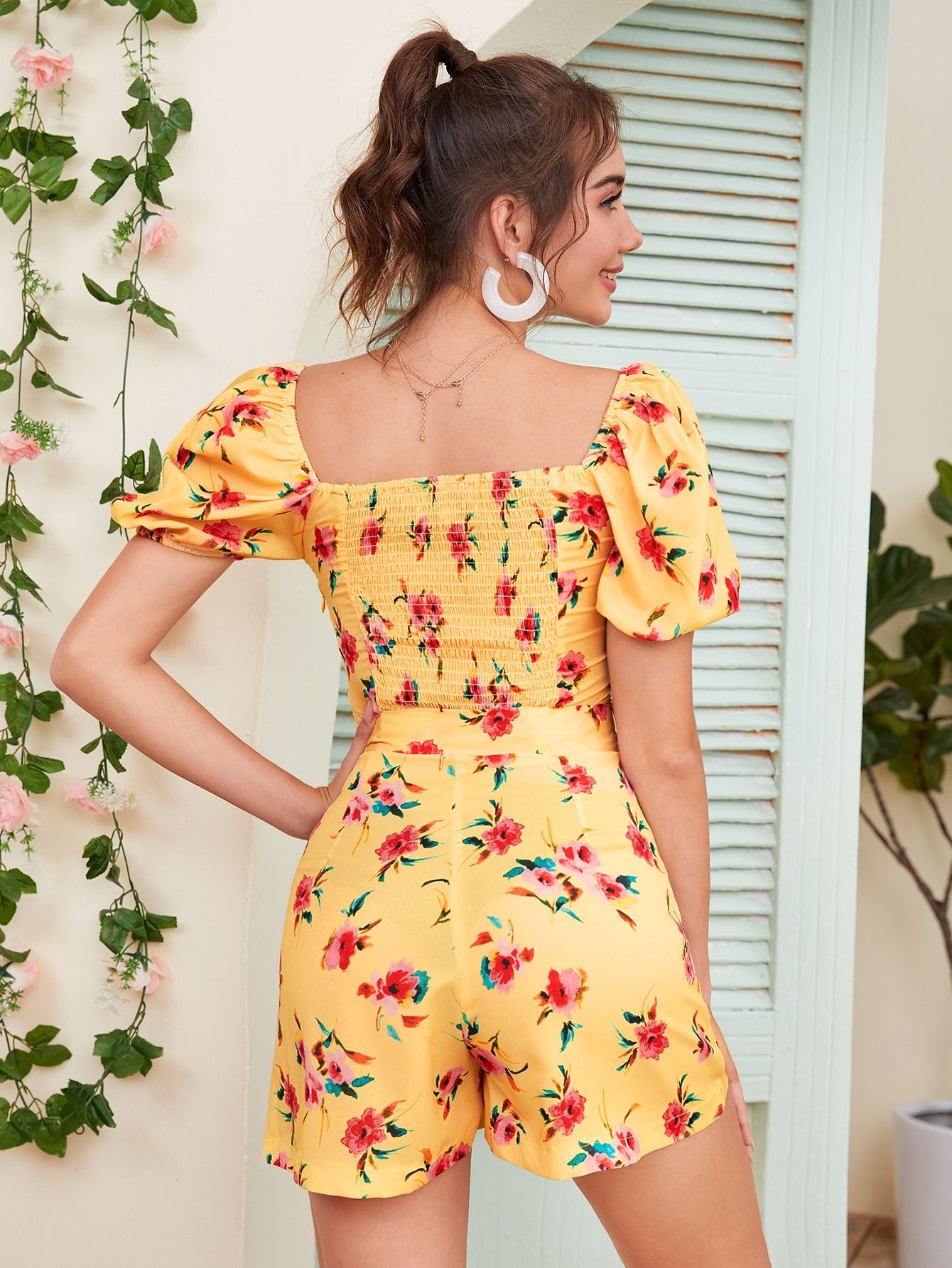 Allover Floral Belted Milkmaid Romper