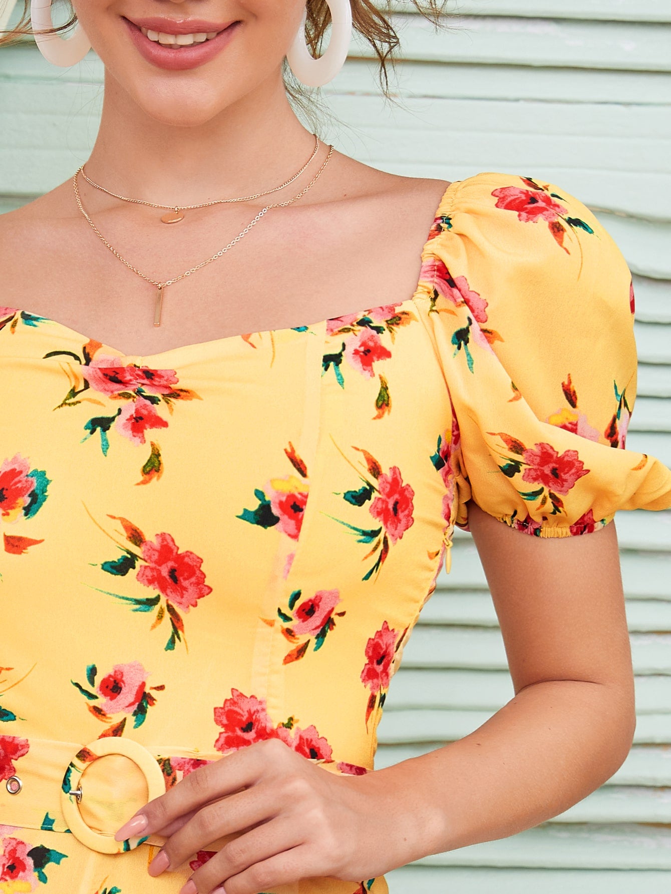 Allover Floral Belted Milkmaid Romper