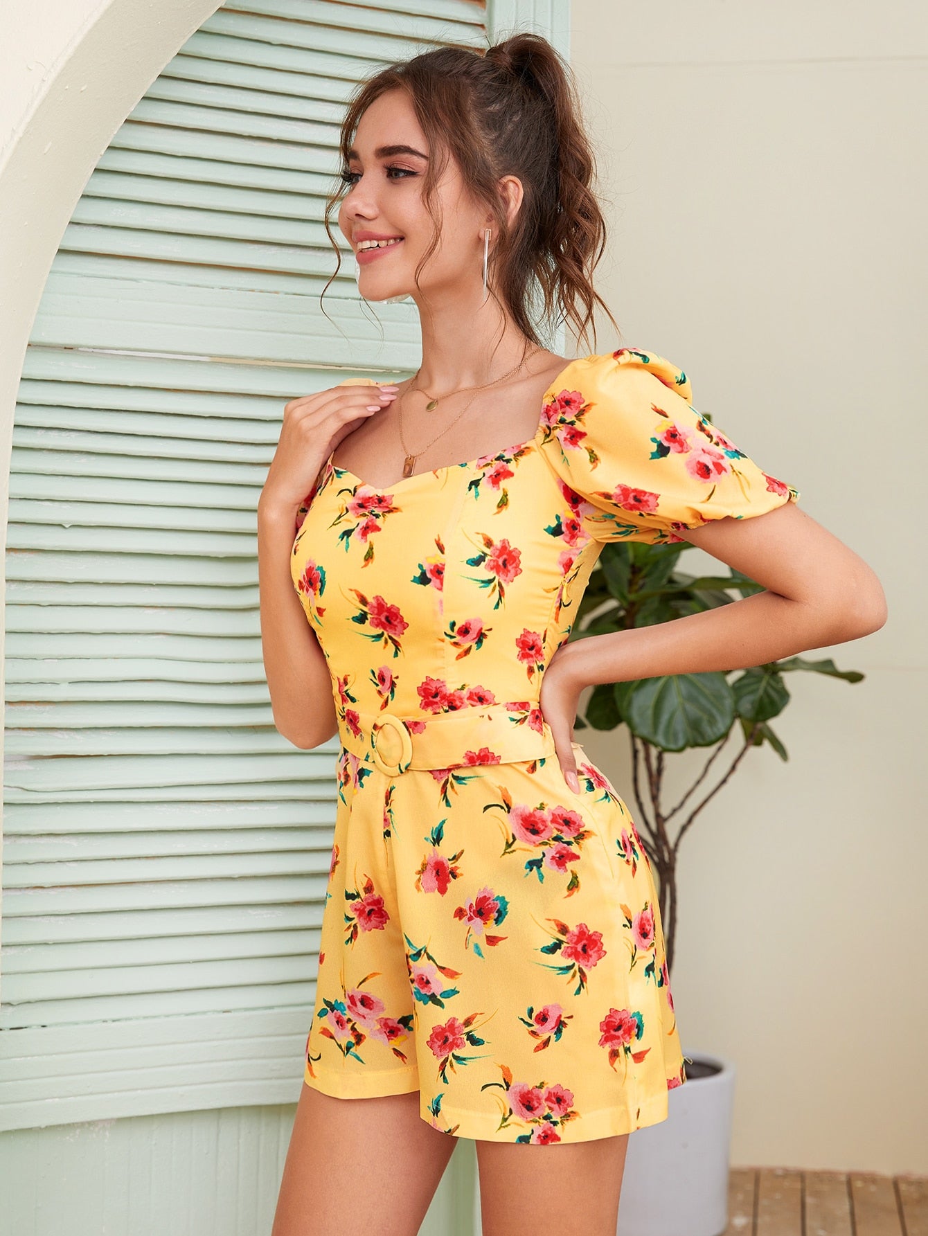 Allover Floral Belted Milkmaid Romper