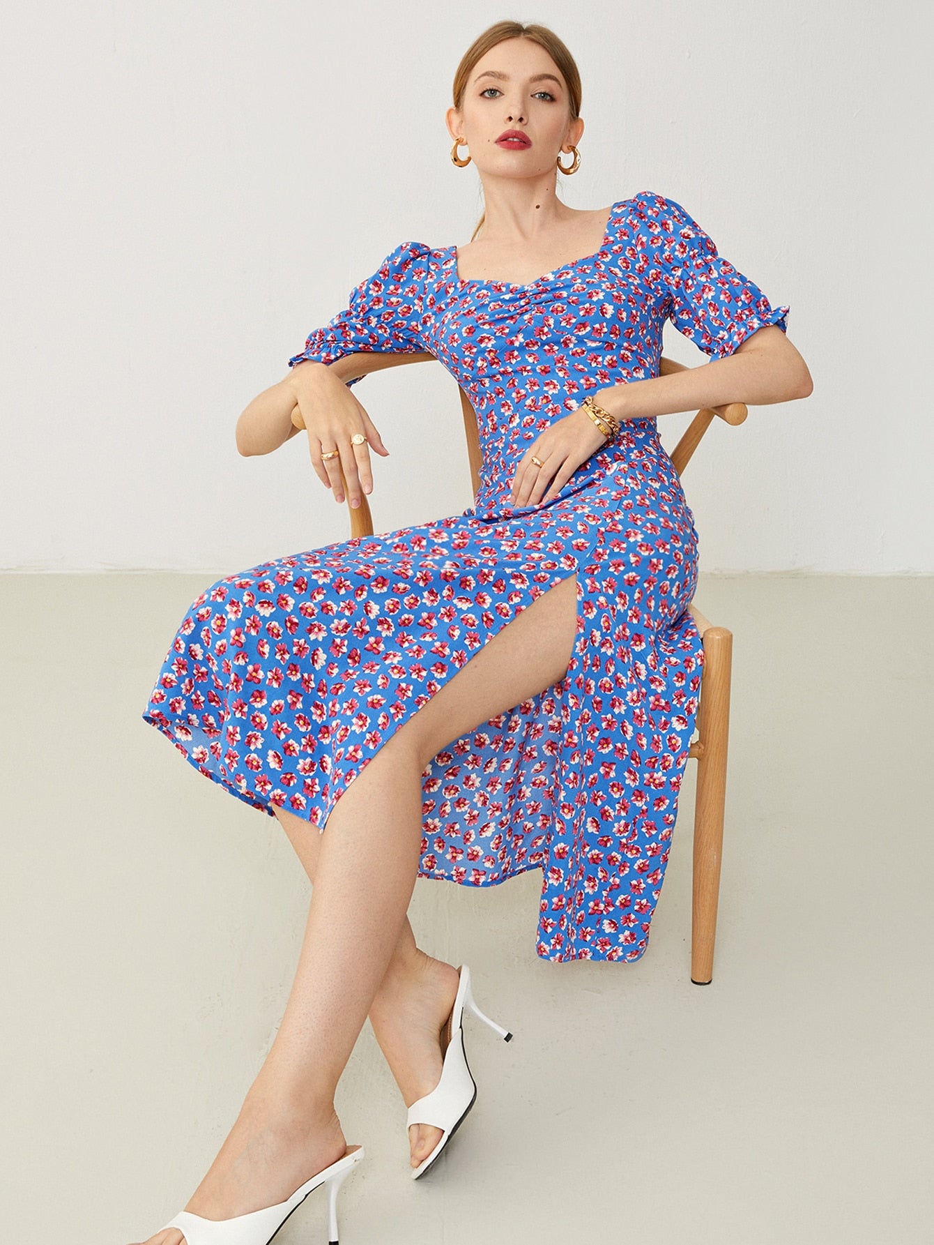 Sweetheart Neck Ruched Front Split Thigh Floral Dress