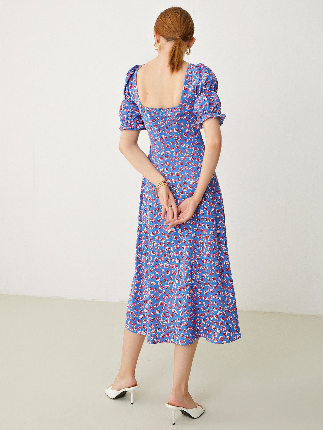 Sweetheart Neck Ruched Front Split Thigh Floral Dress