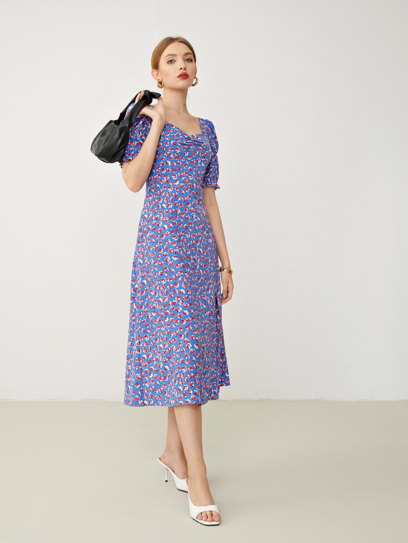 Sweetheart Neck Ruched Front Split Thigh Floral Dress