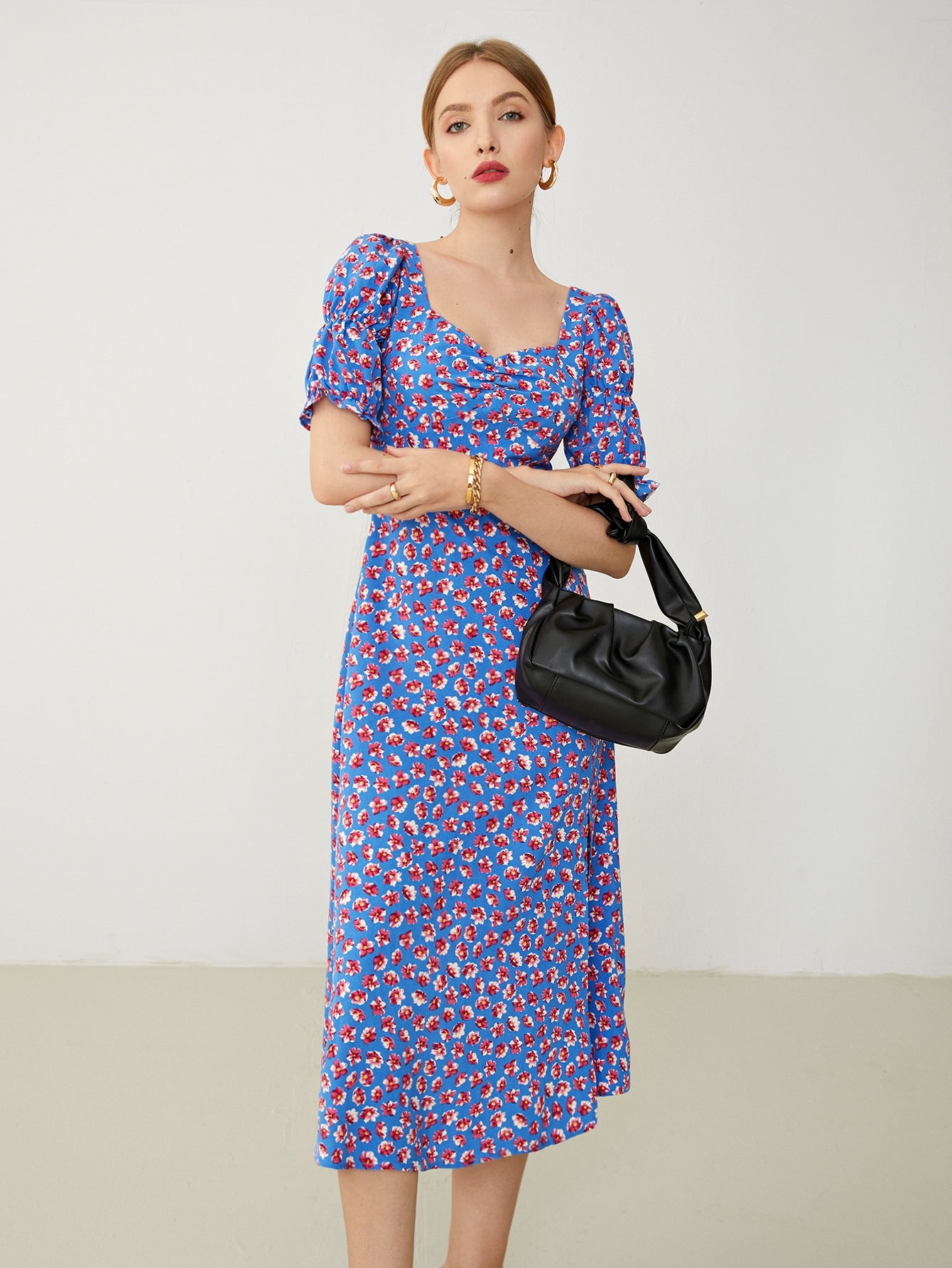 Sweetheart Neck Ruched Front Split Thigh Floral Dress