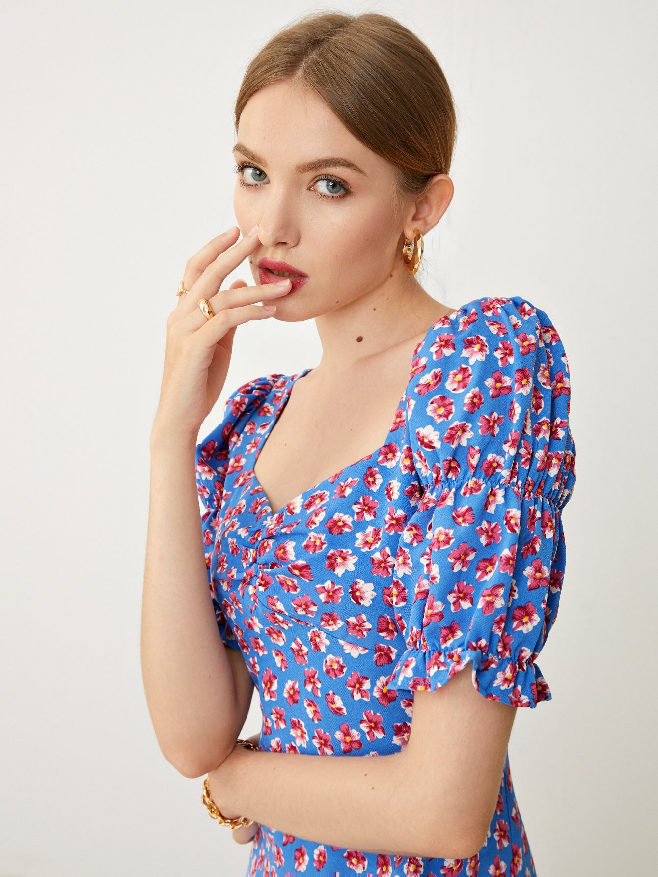 Sweetheart Neck Ruched Front Split Thigh Floral Dress