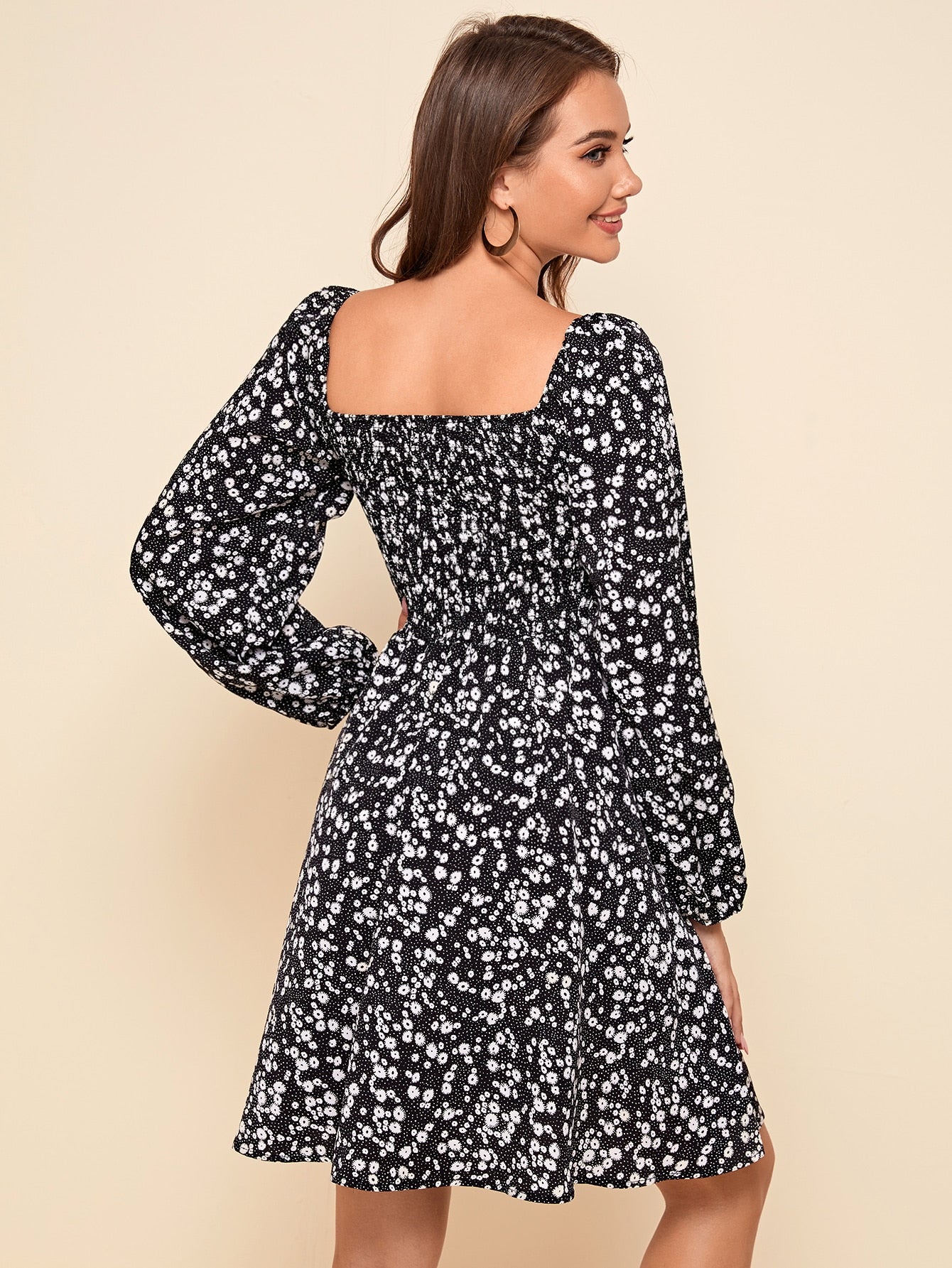 Square Neck Ditsy Floral Shirred Bodice Dress