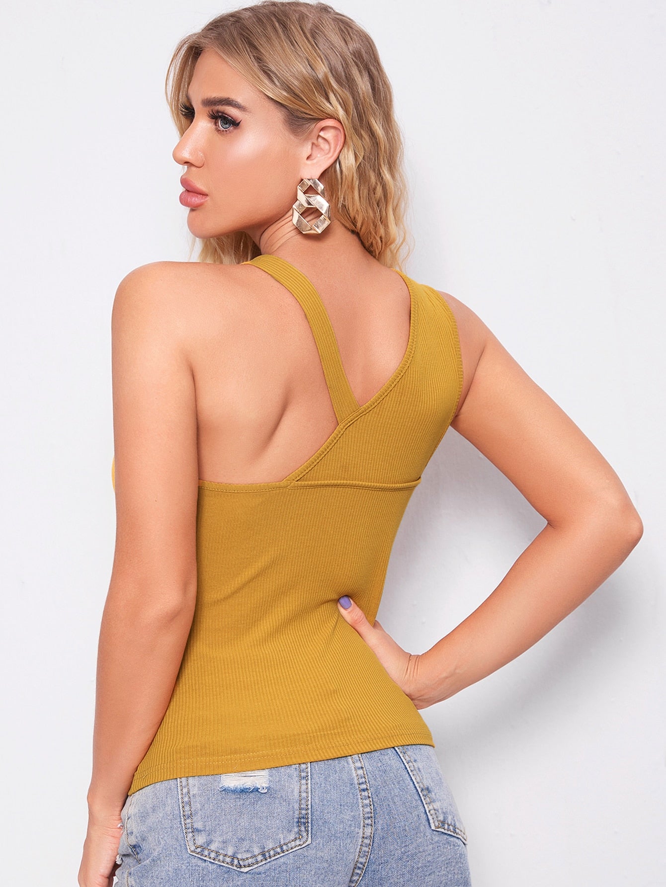 Asymmetrical Neck Rib-knit Solid Top