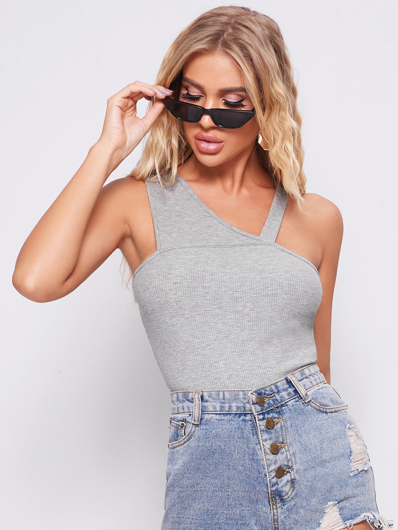 Asymmetrical Neck Rib-knit Solid Top