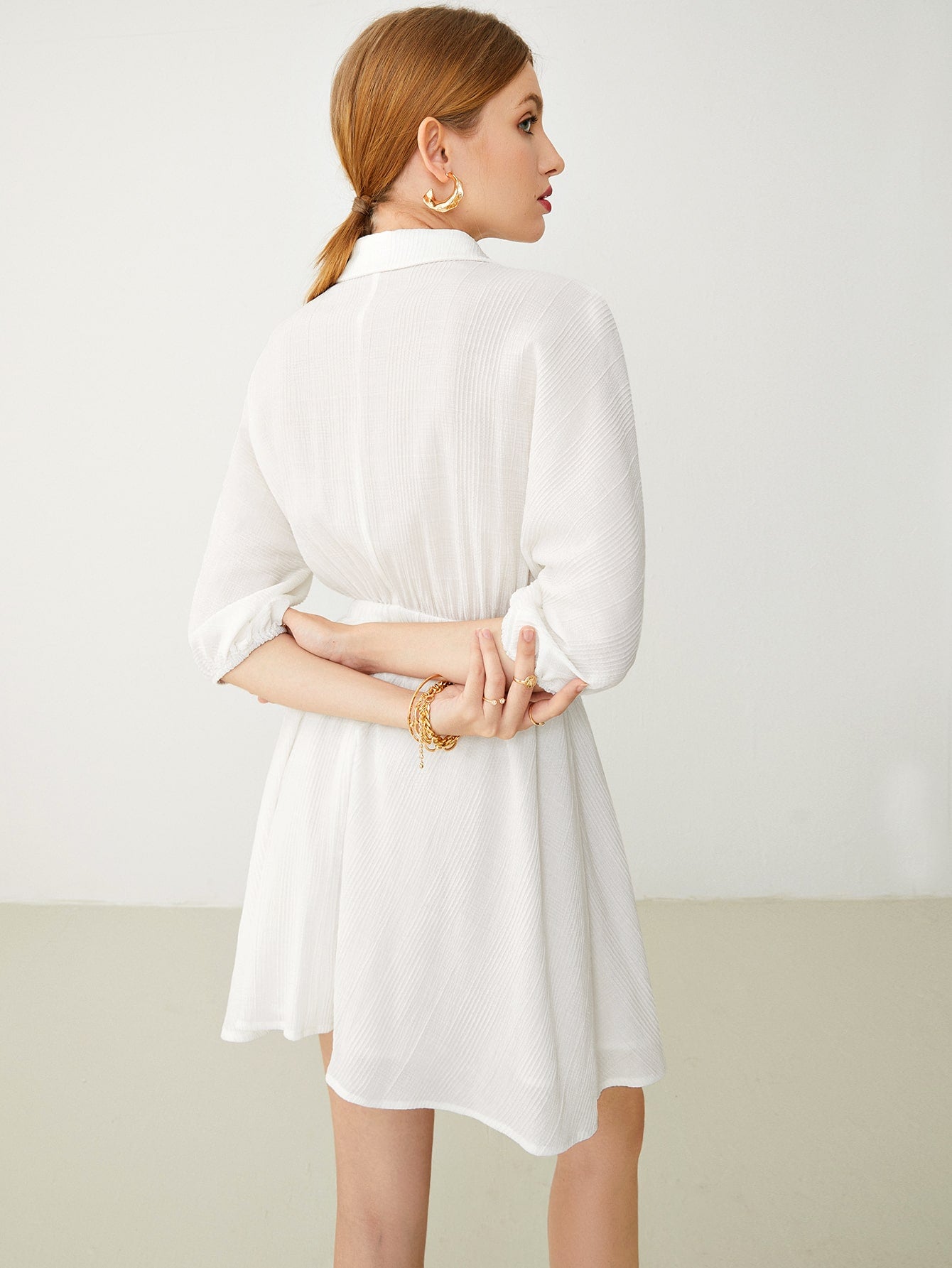 Batwing Sleeve Elastic Waist Flap Pocket Shirt Dress