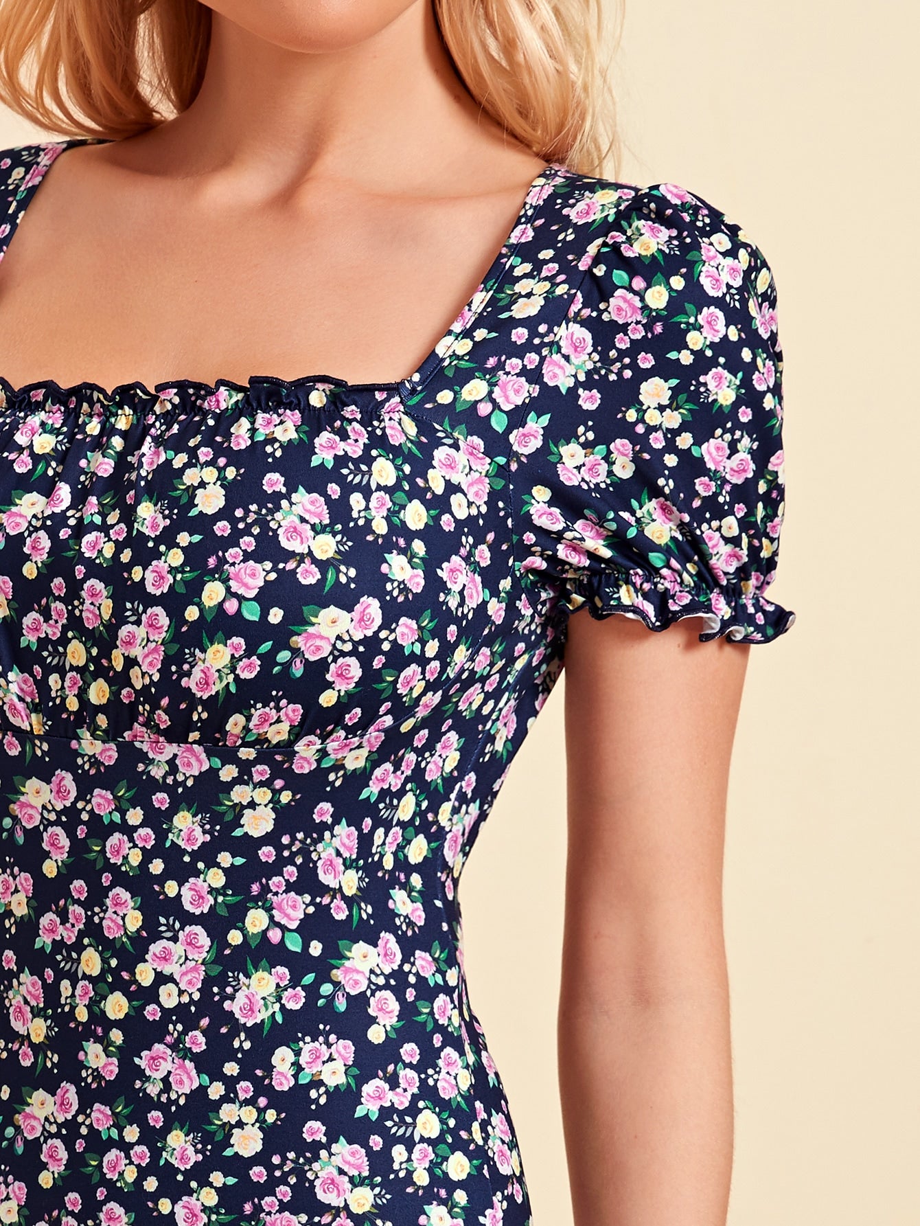 Floral Print Frill Trim Bodycon Dress
