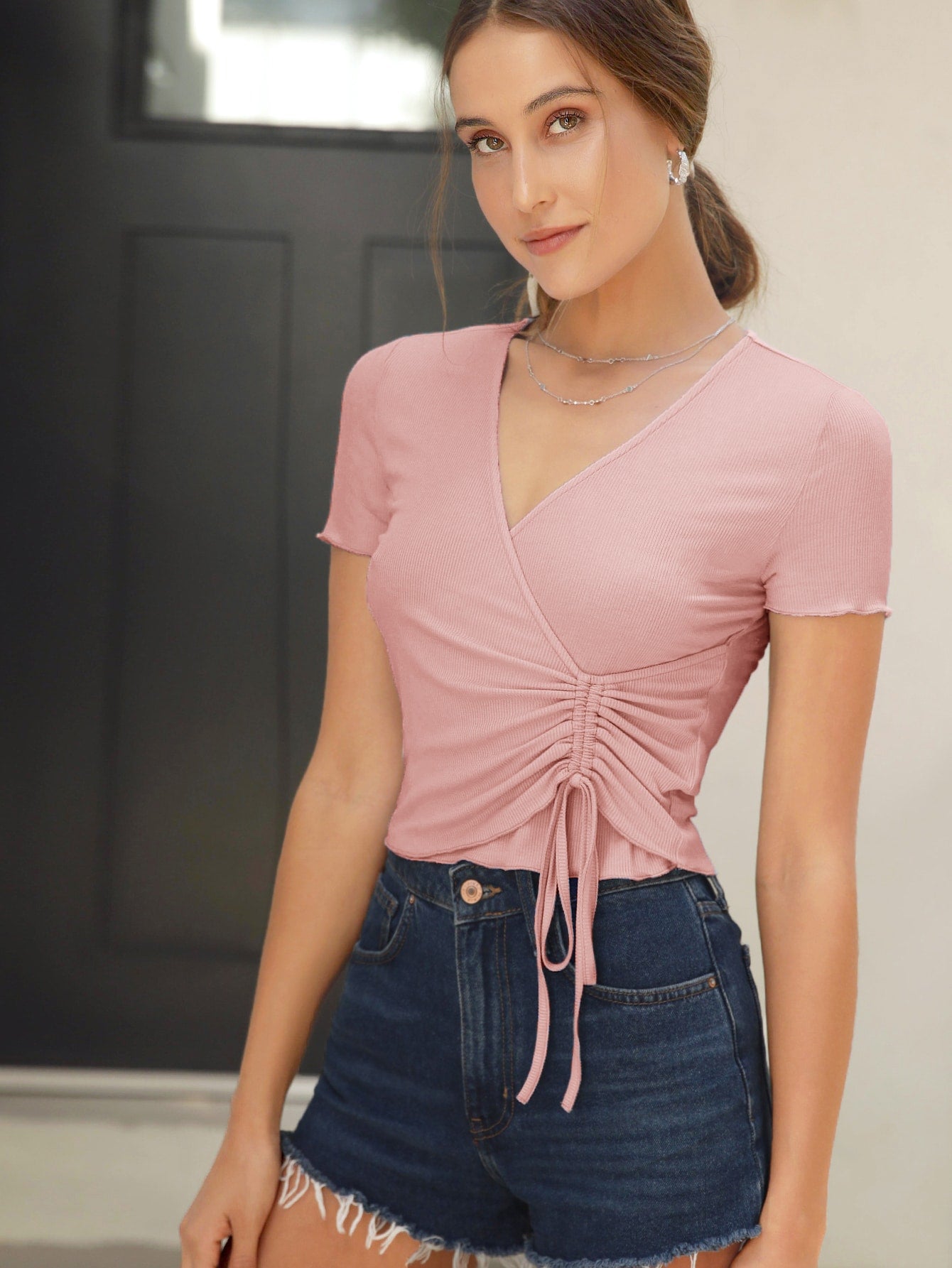 Drawstring Front Rib-knit Tee