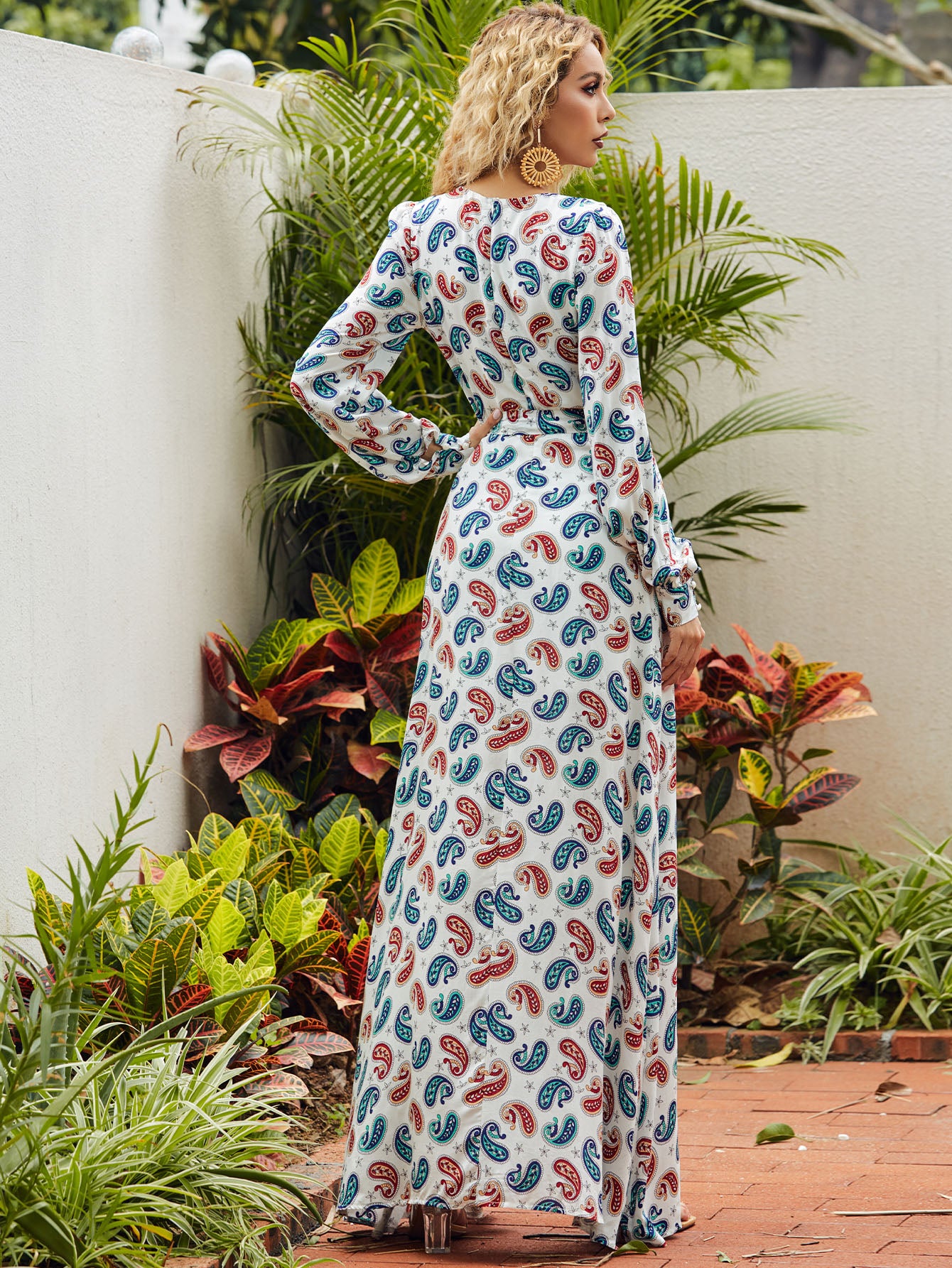 Ruffle Trim Belted Paisley Print Maxi Dress
