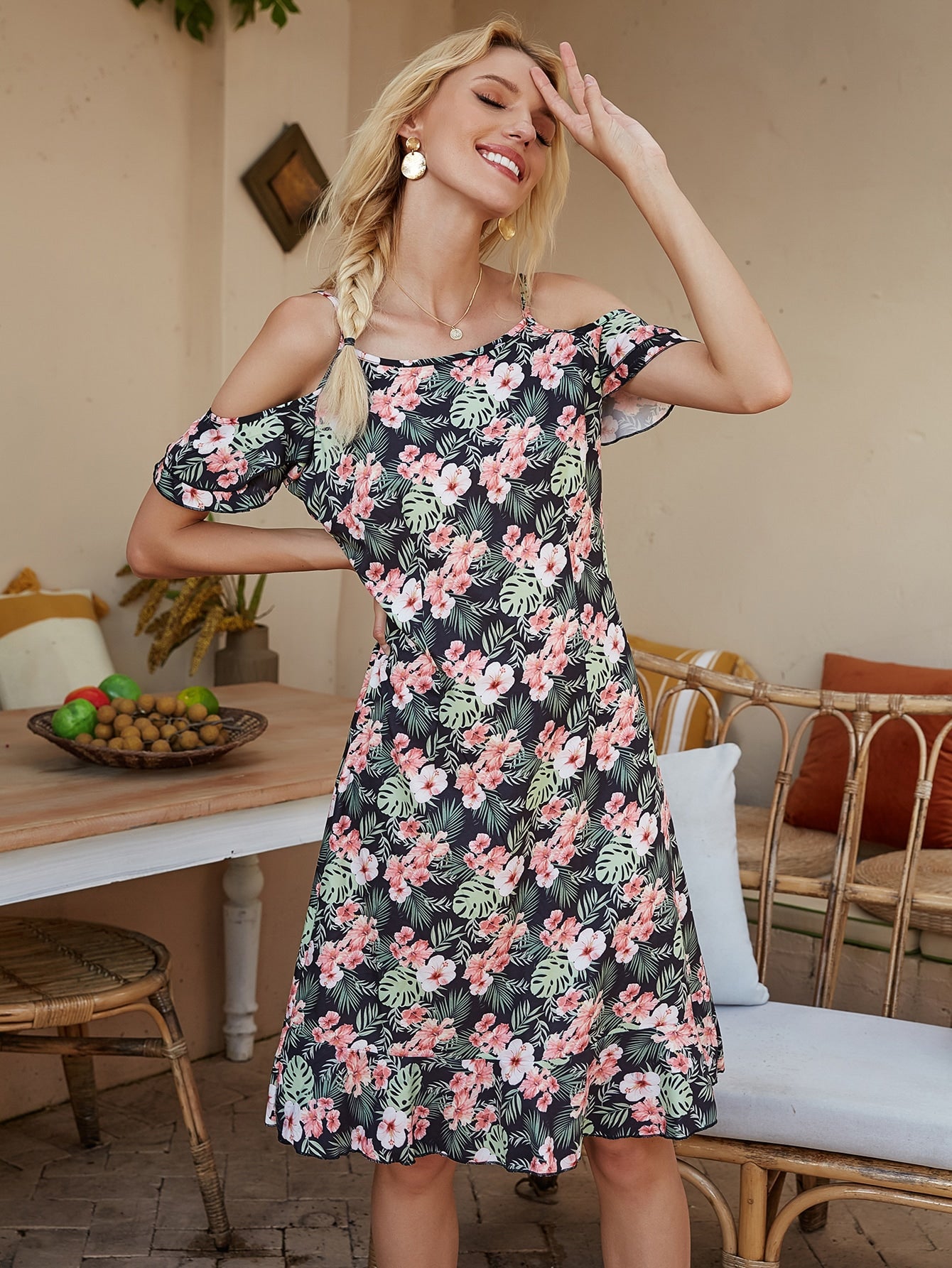 Floral & Tropical Print Cold Shoulder Dress