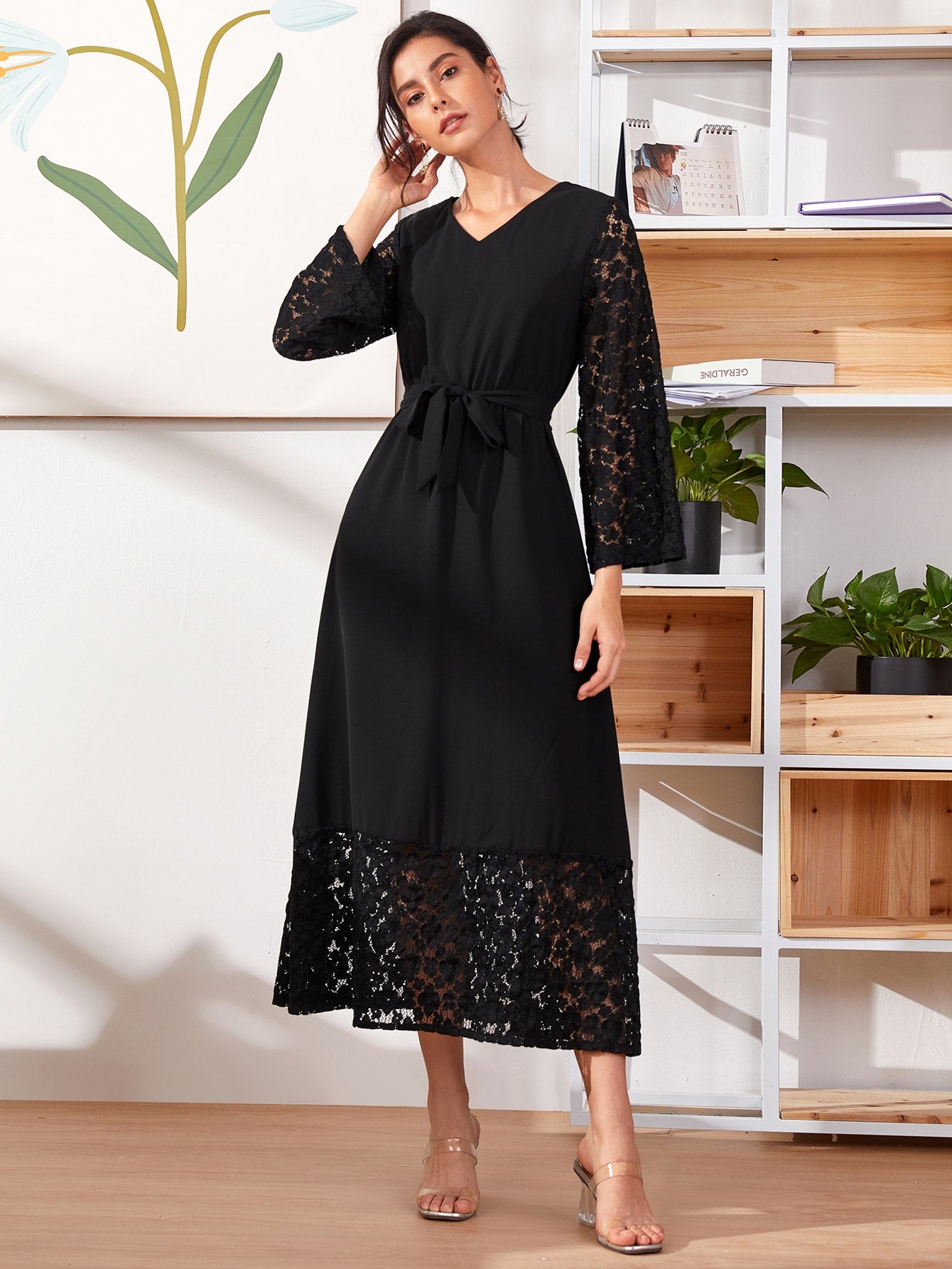 Contrast Lace Belted Chiffon Dress