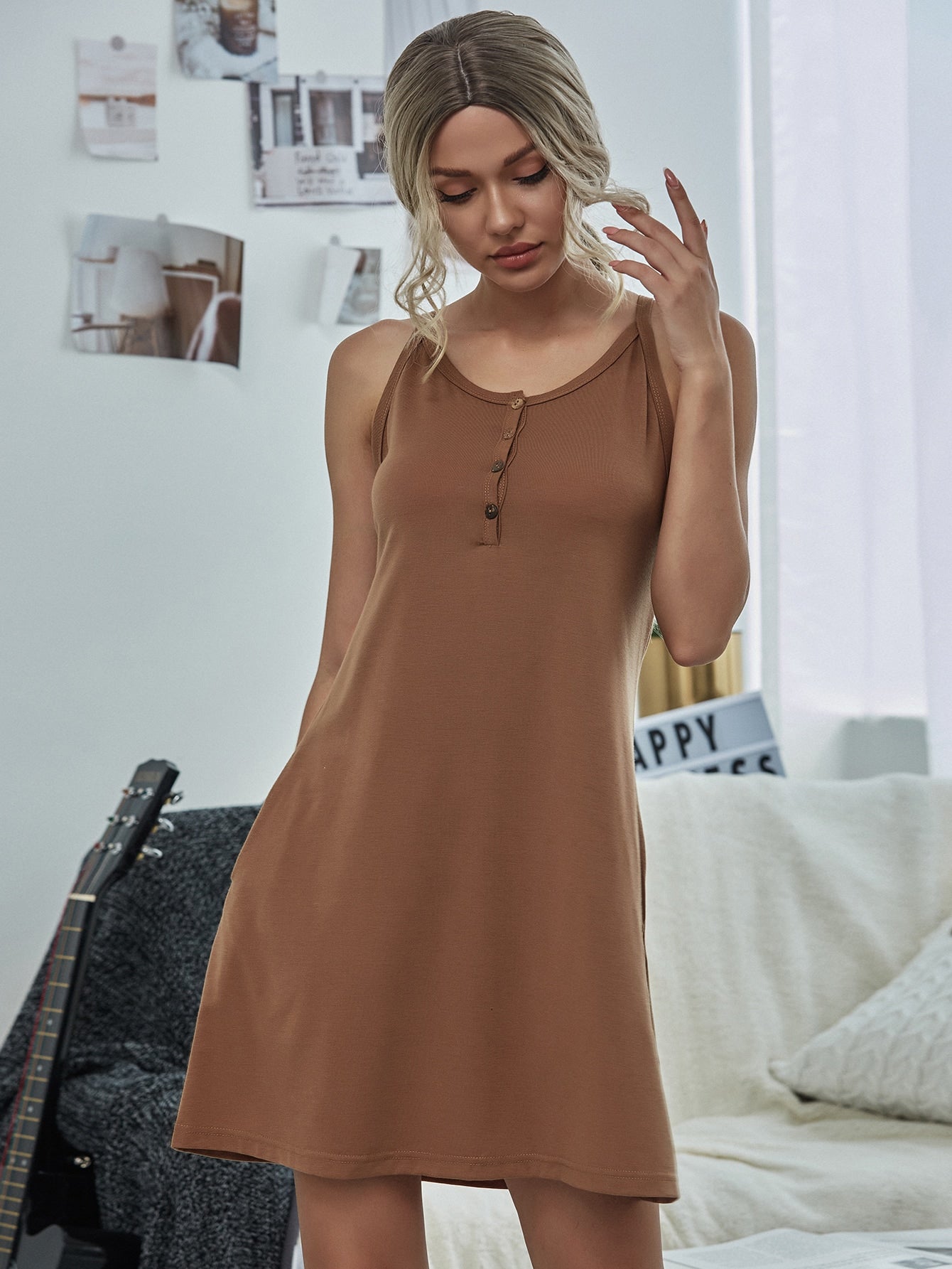 Half Button Pocket Cami Dress