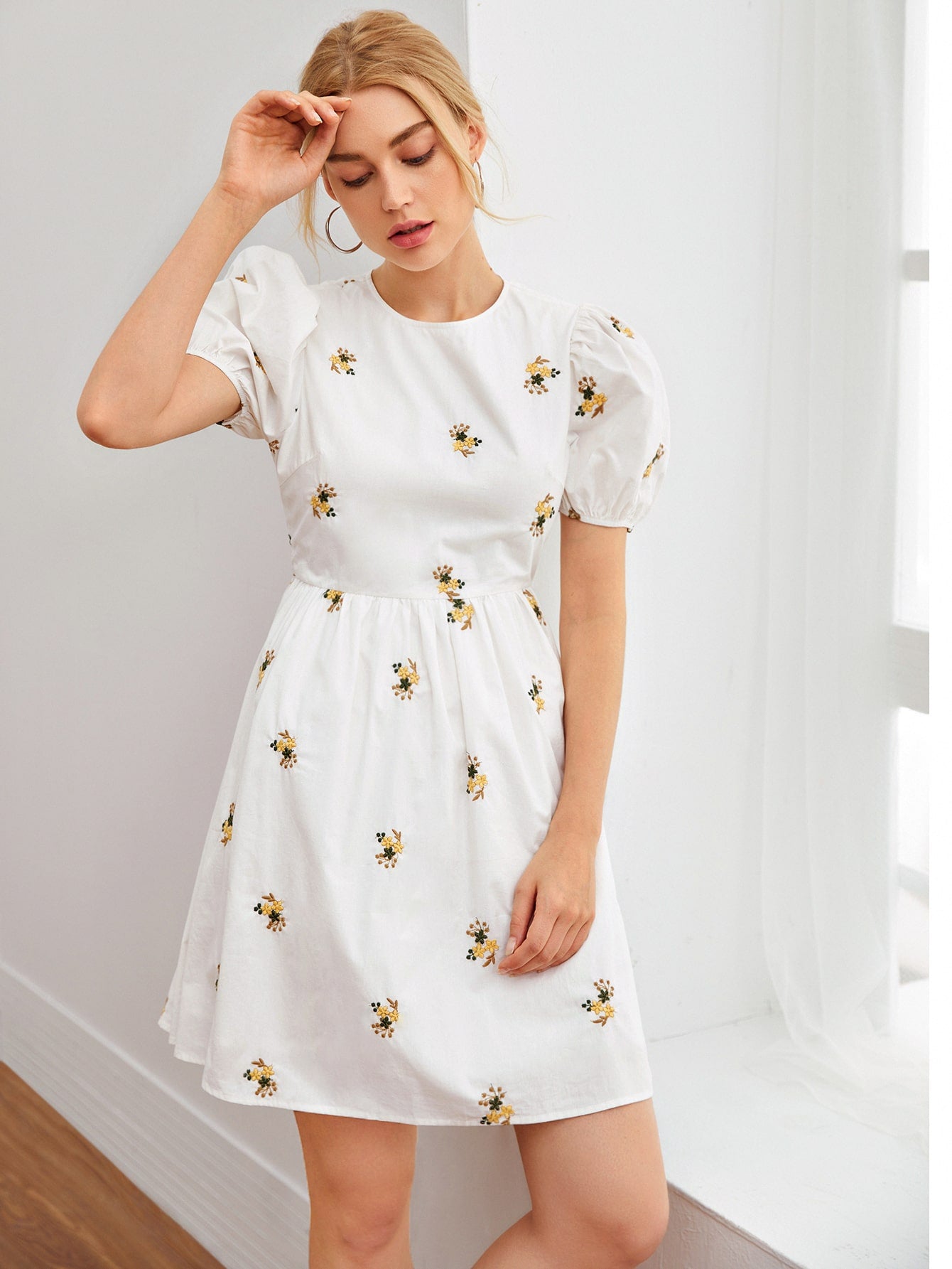 Puff Sleeve Embroidery Floral Dress