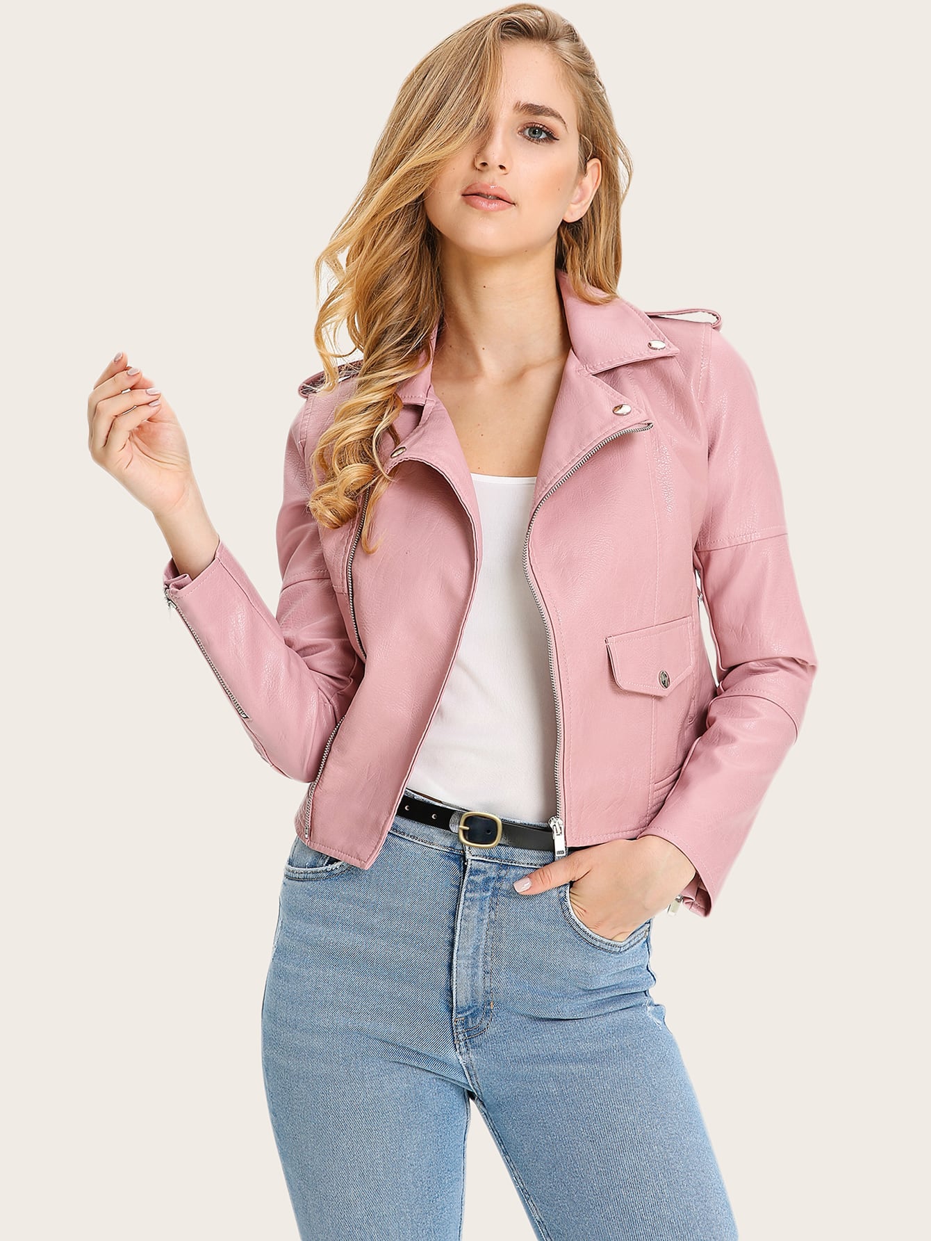 Solid PU Leather Moto Jacket