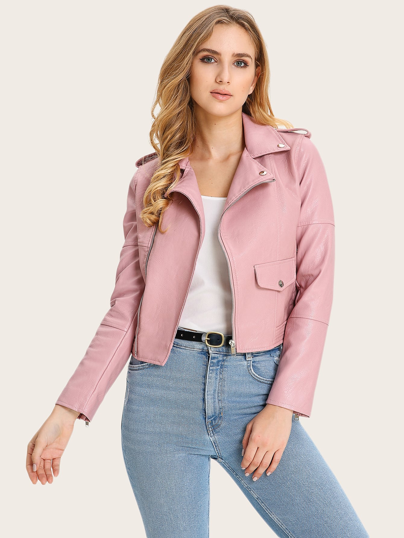 Solid PU Leather Moto Jacket