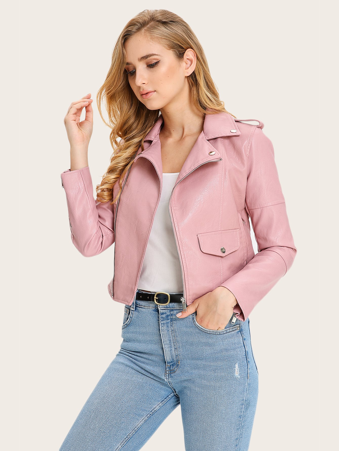Solid PU Leather Moto Jacket