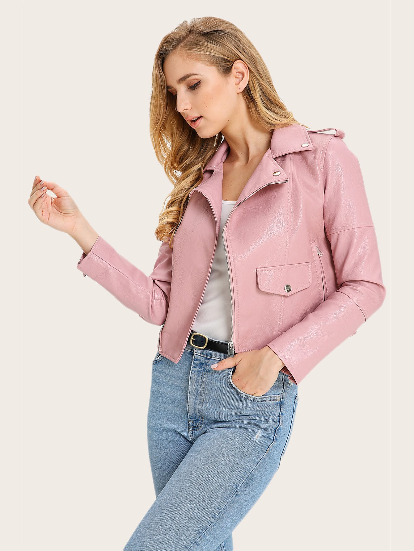 Solid PU Leather Moto Jacket