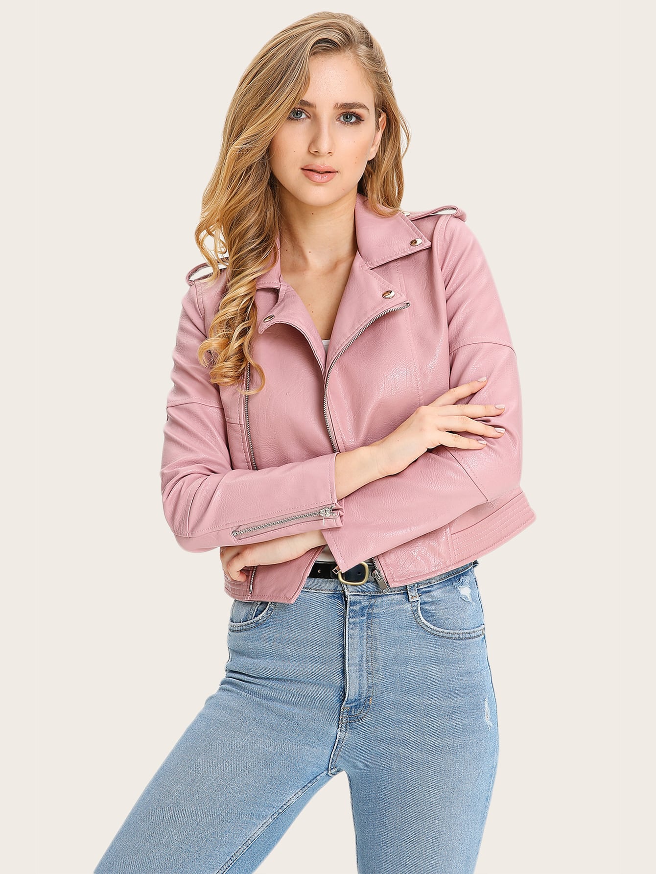 Solid PU Leather Moto Jacket