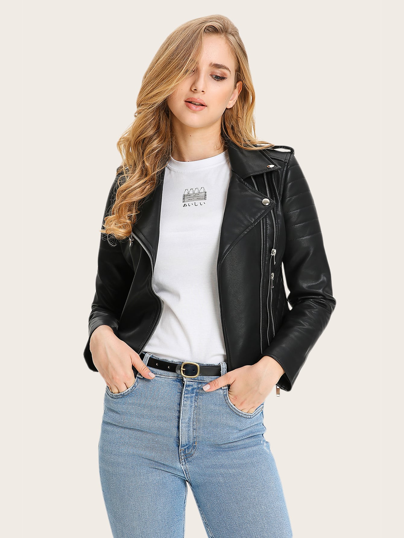 Solid PU Leather Moto Jacket