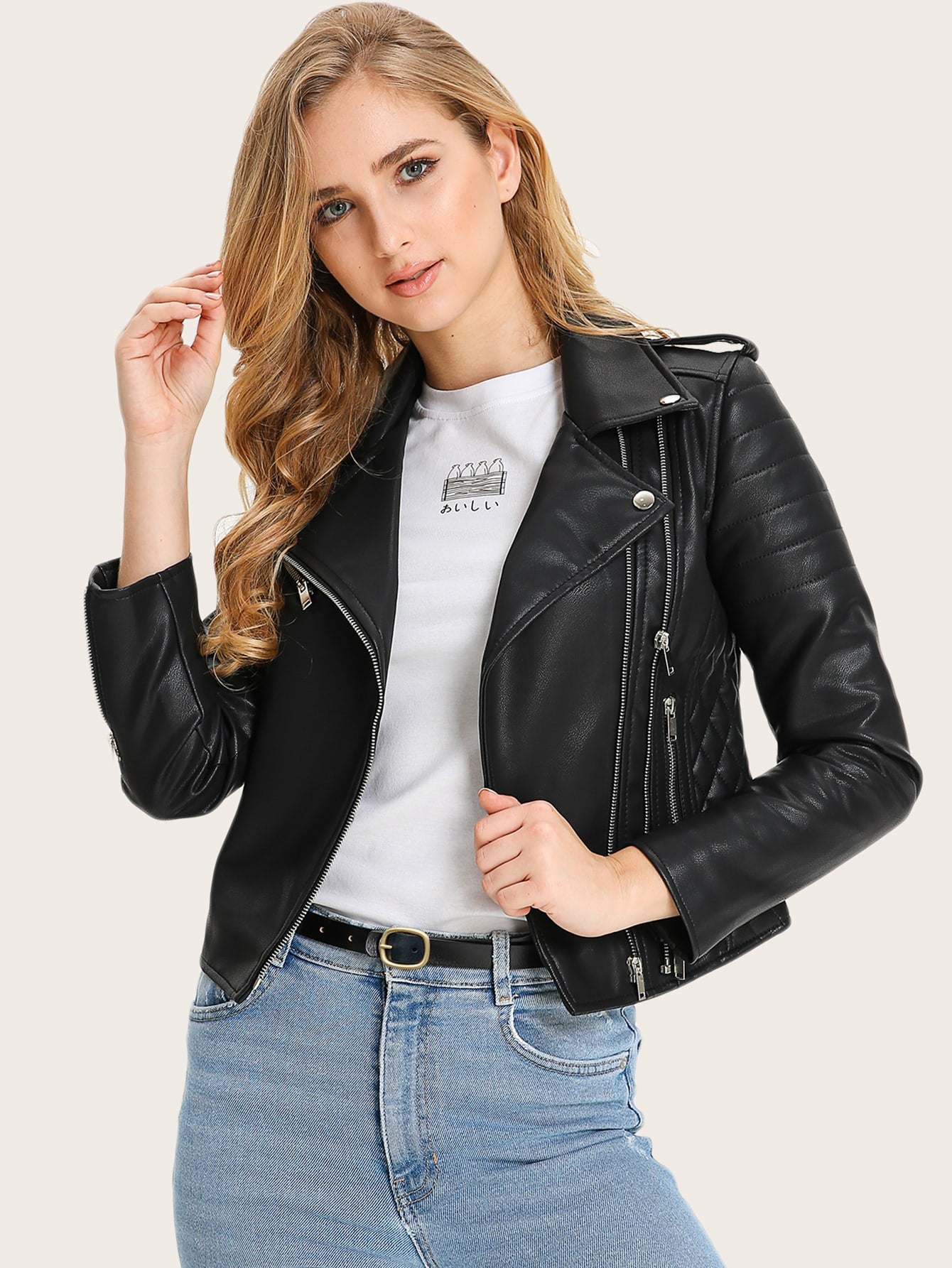 Solid PU Leather Moto Jacket