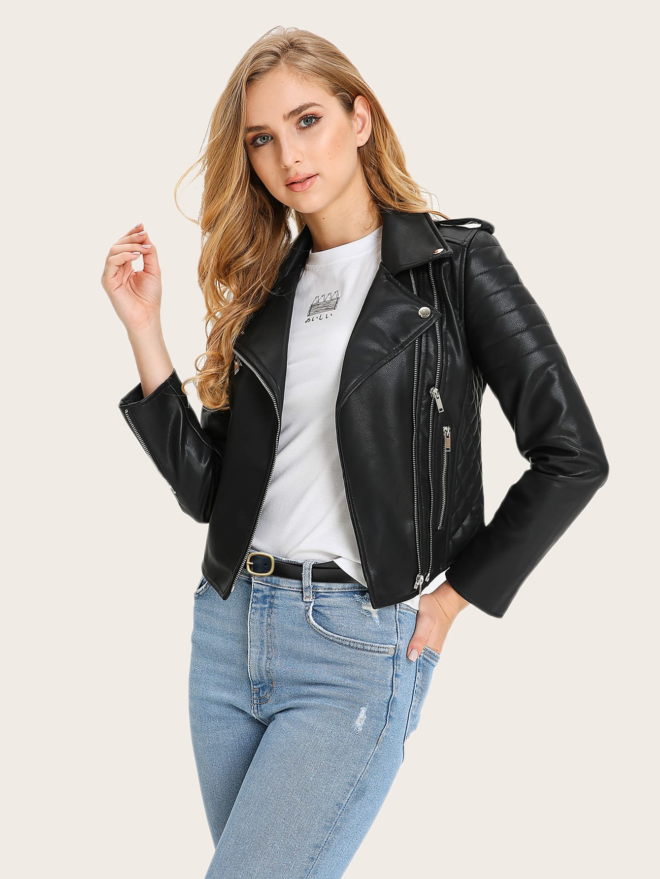 Solid PU Leather Moto Jacket