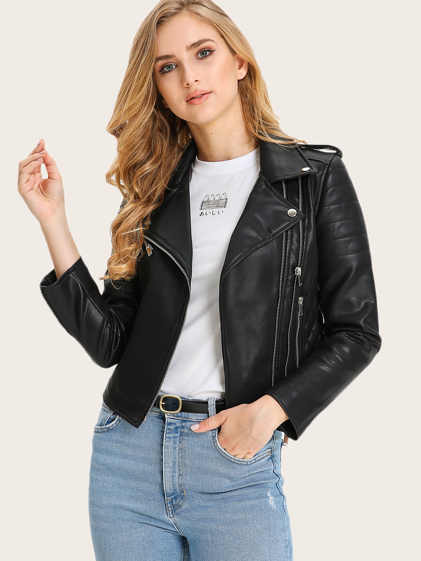 Solid PU Leather Moto Jacket