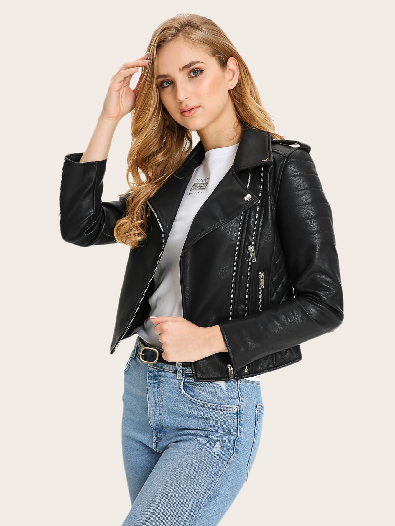 Solid PU Leather Moto Jacket