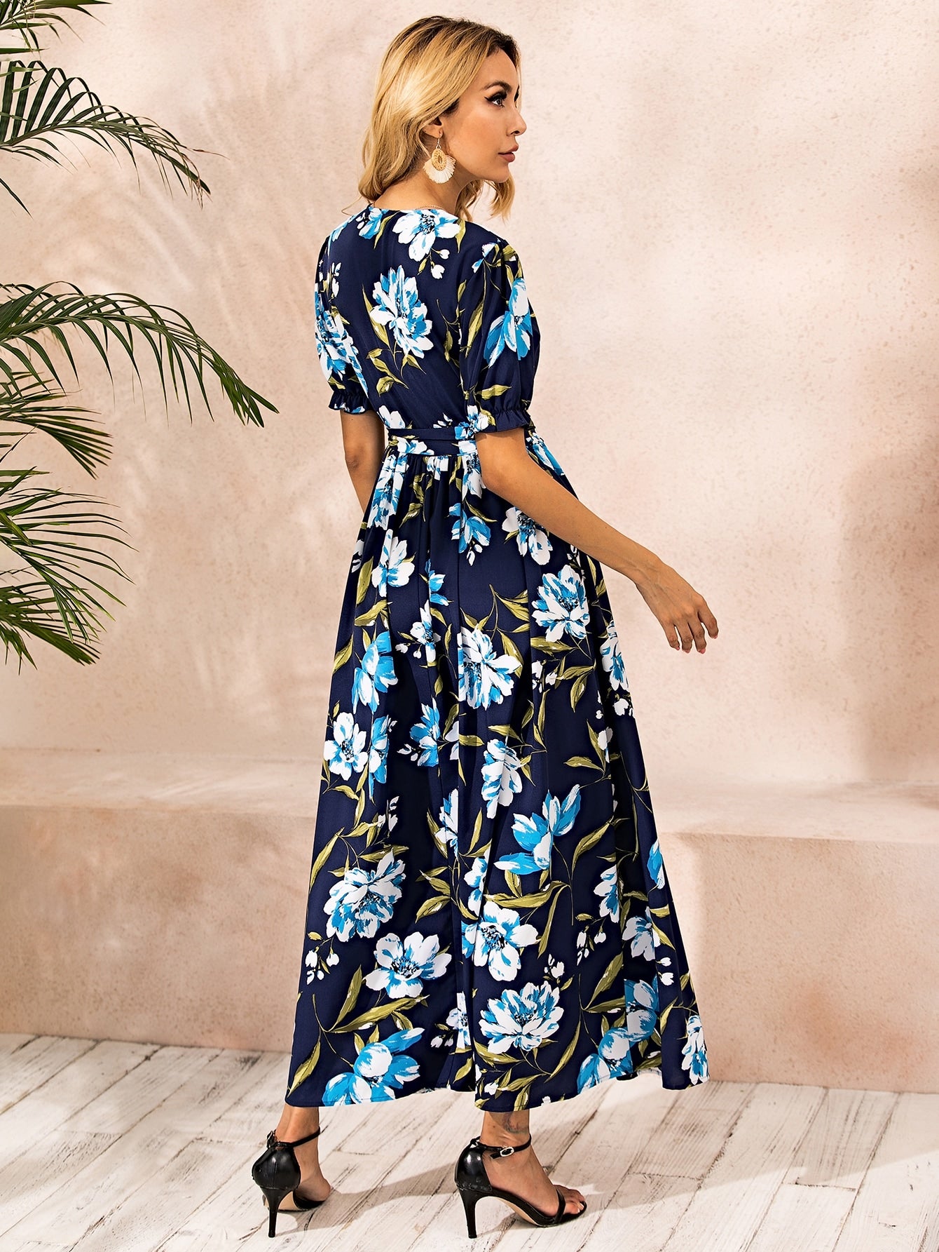 Floral Print Surplice Front Belted Dress