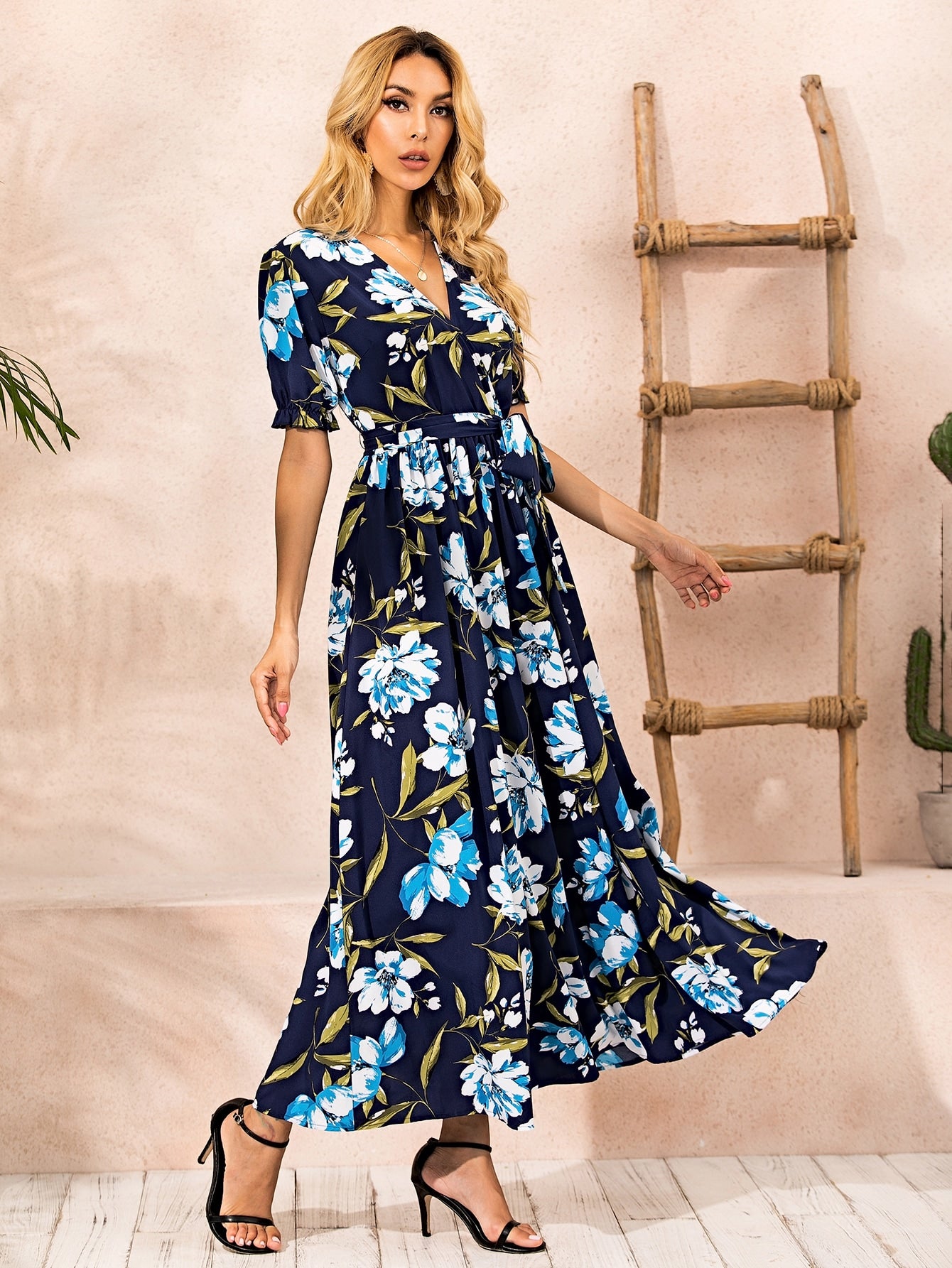 Floral Print Surplice Front Belted Dress
