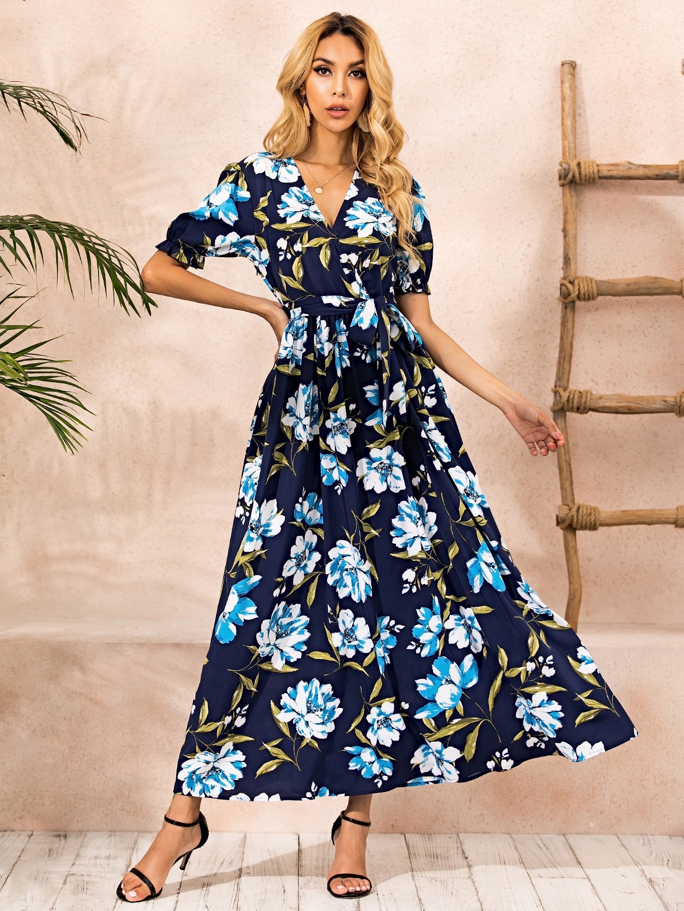Floral Print Surplice Front Belted Dress