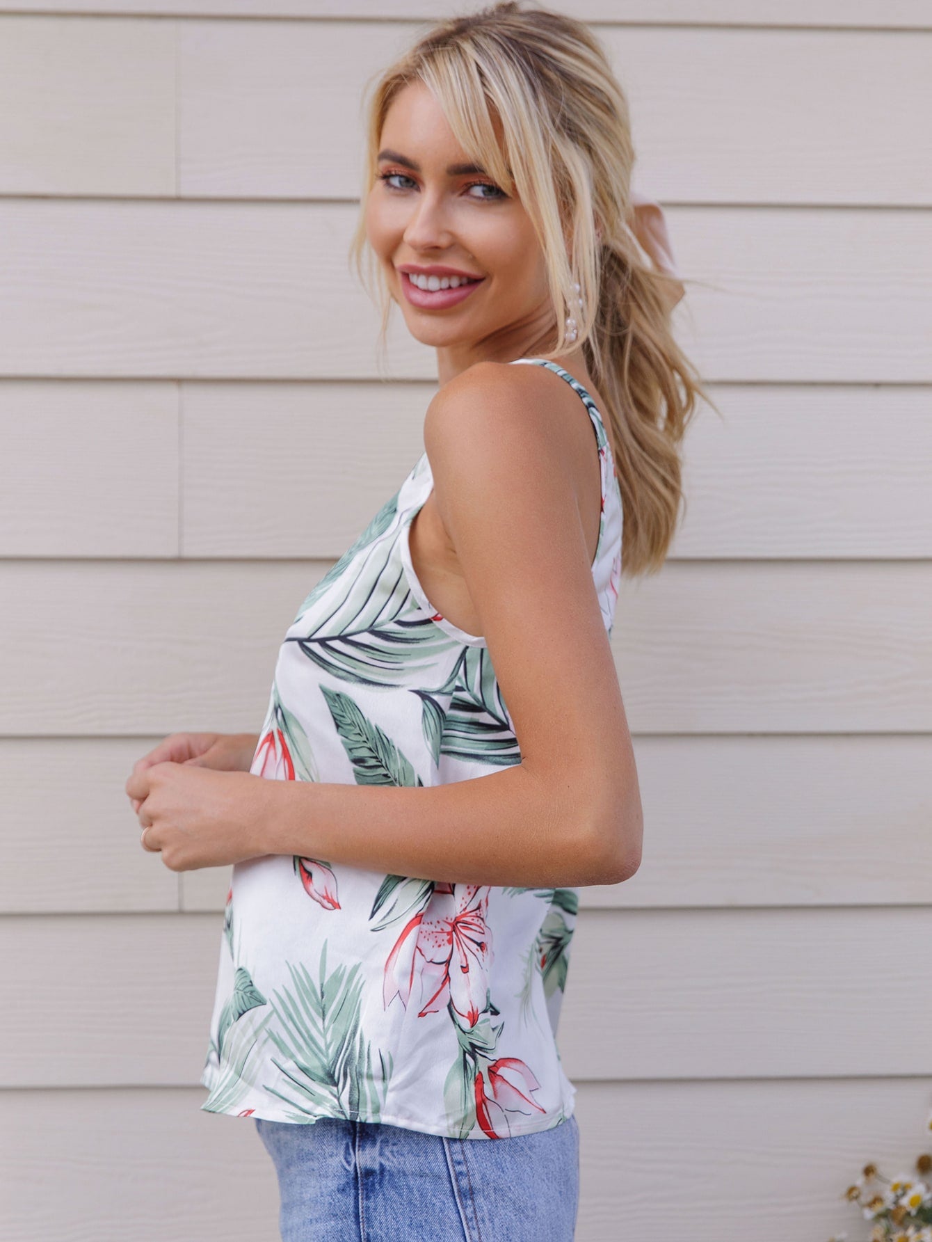 Tropical Print Double V Neck Cami Top