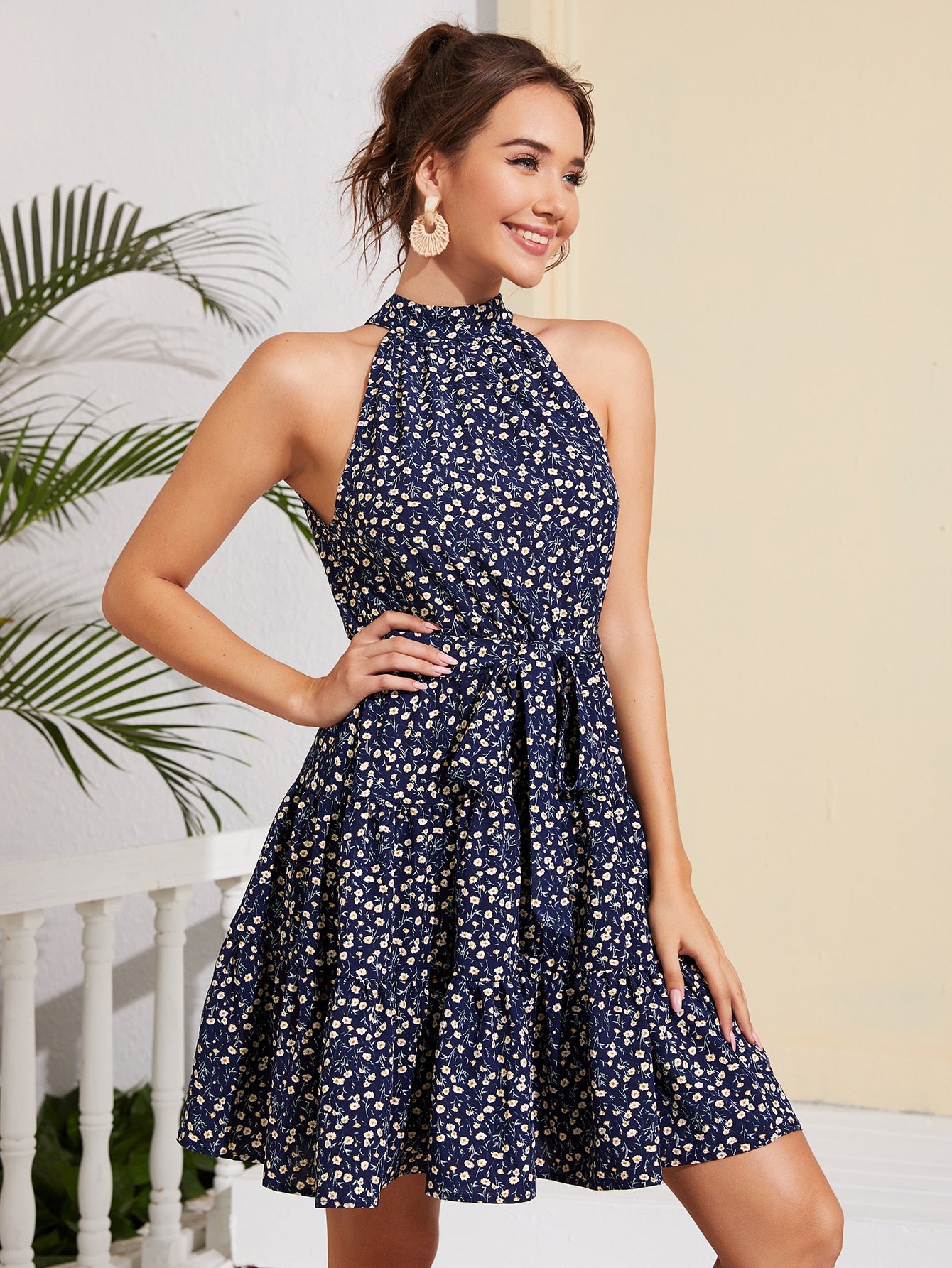 ditsy floral halter dress White Ditsy Floral Lace Halter Mini Dress