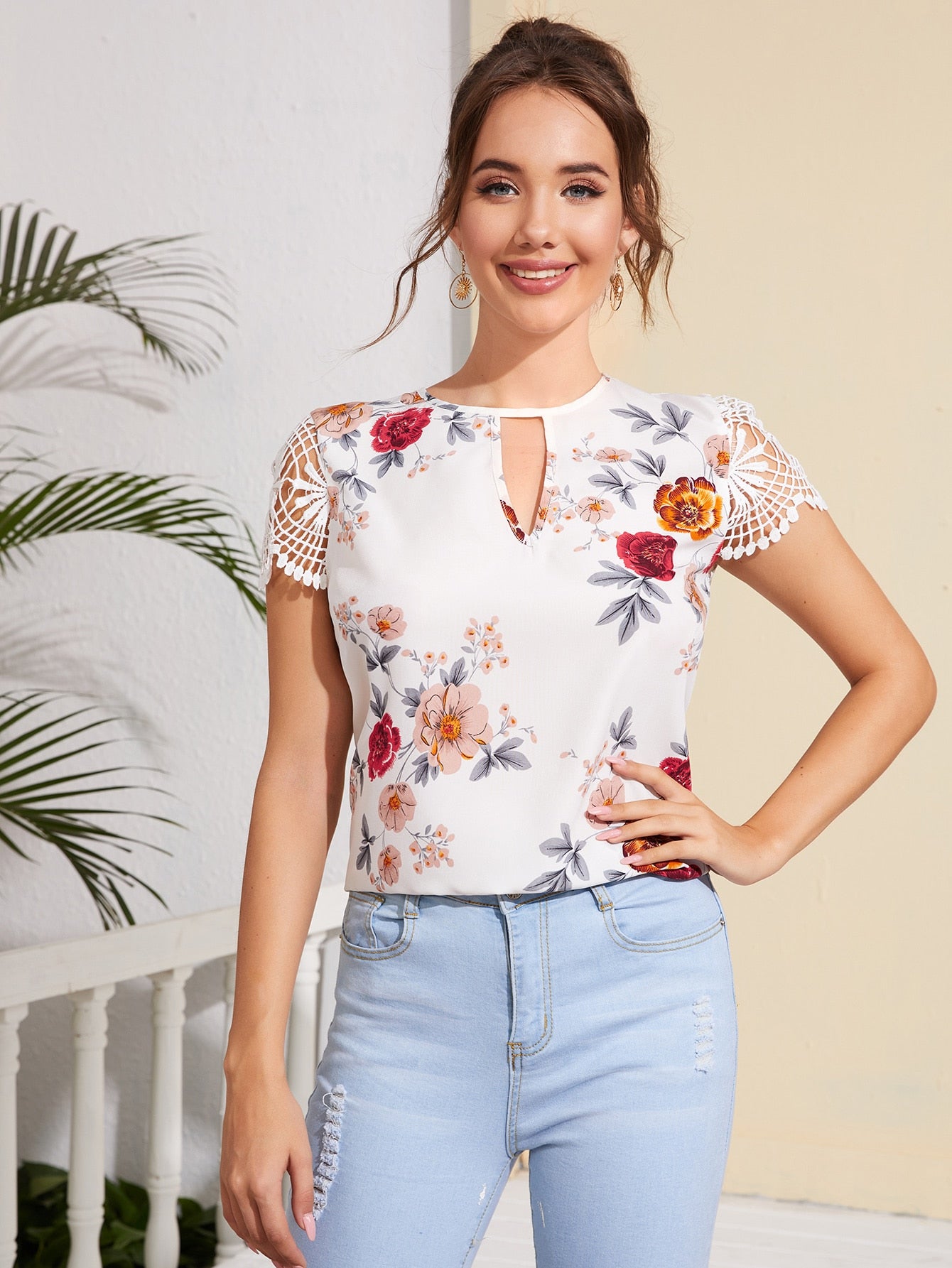 Keyhole Neck Guipure Lace Sleeve Floral Top