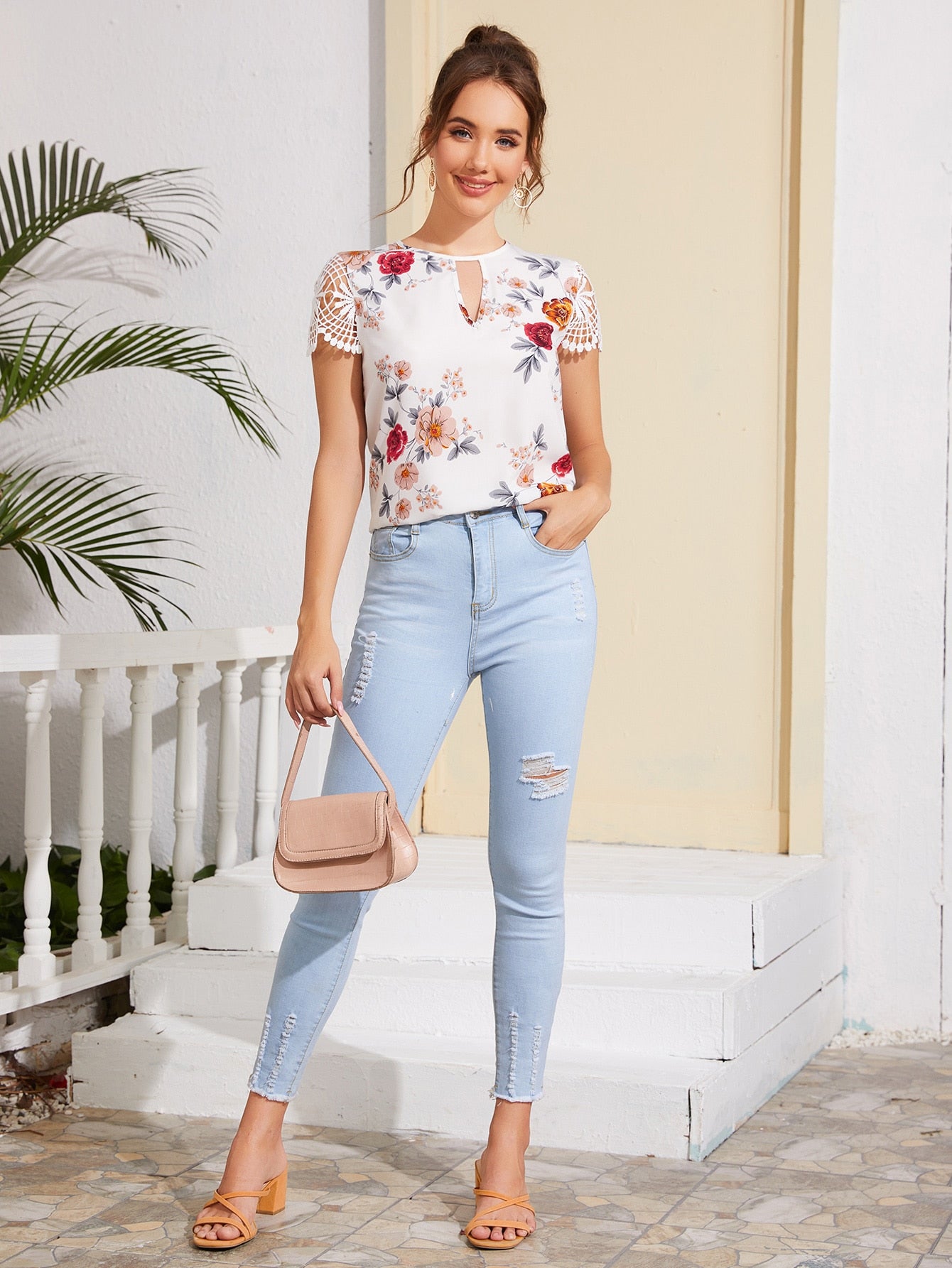 Keyhole Neck Guipure Lace Sleeve Floral Top