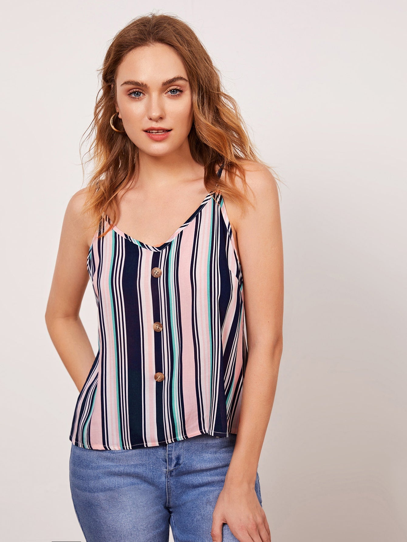 Vertical Stripe Button Front Cami Top