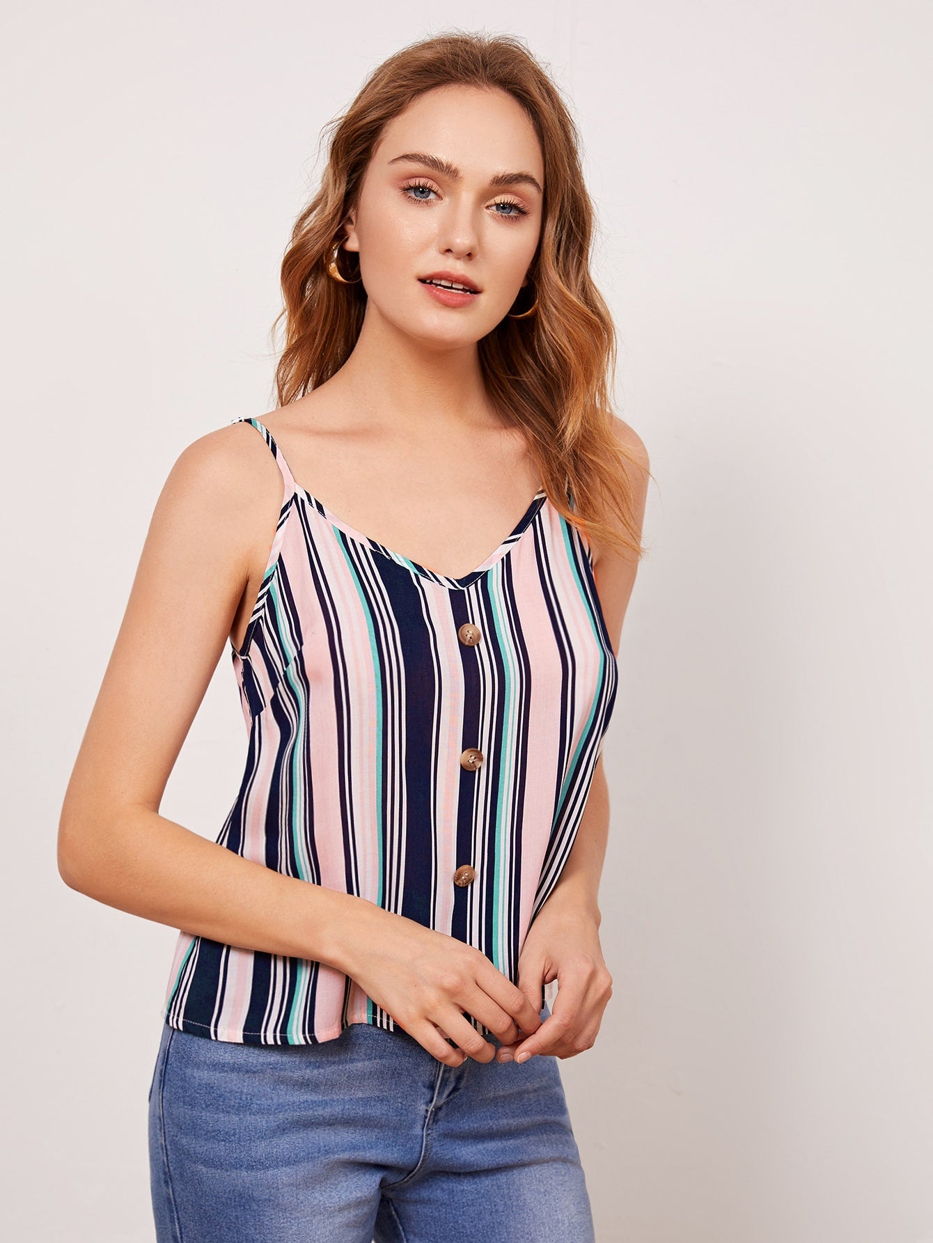 Vertical Stripe Button Front Cami Top