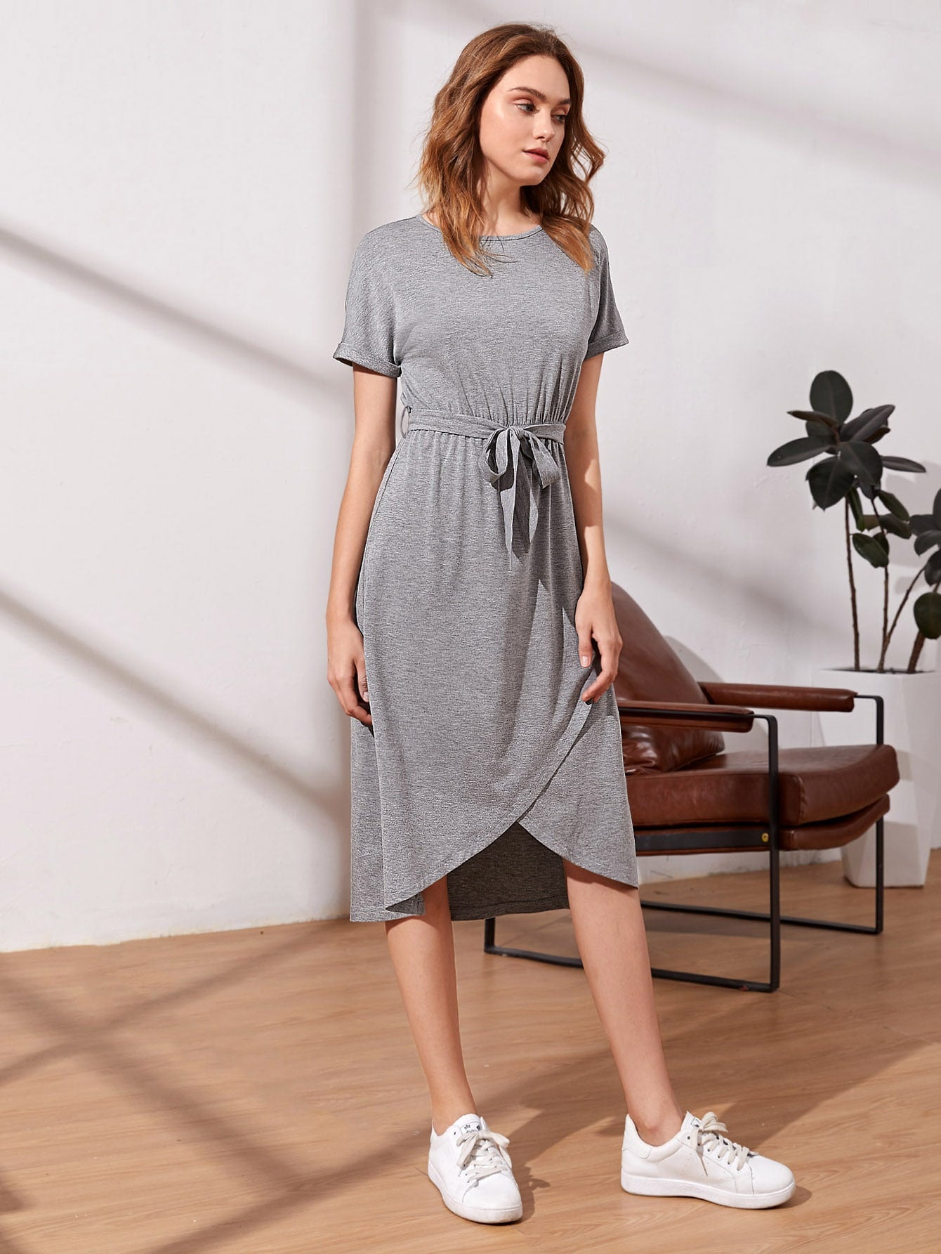 Roll Up Sleeve Self Tie Wrap Dress