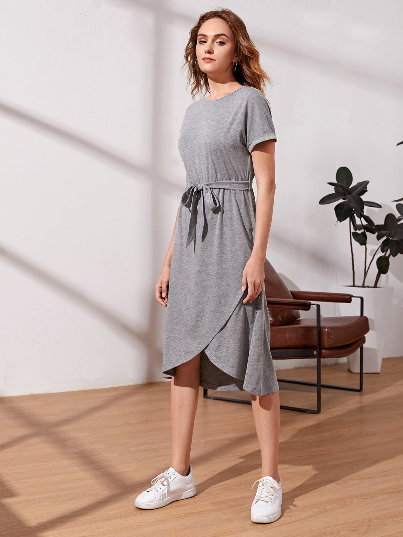 Roll Up Sleeve Self Tie Wrap Dress