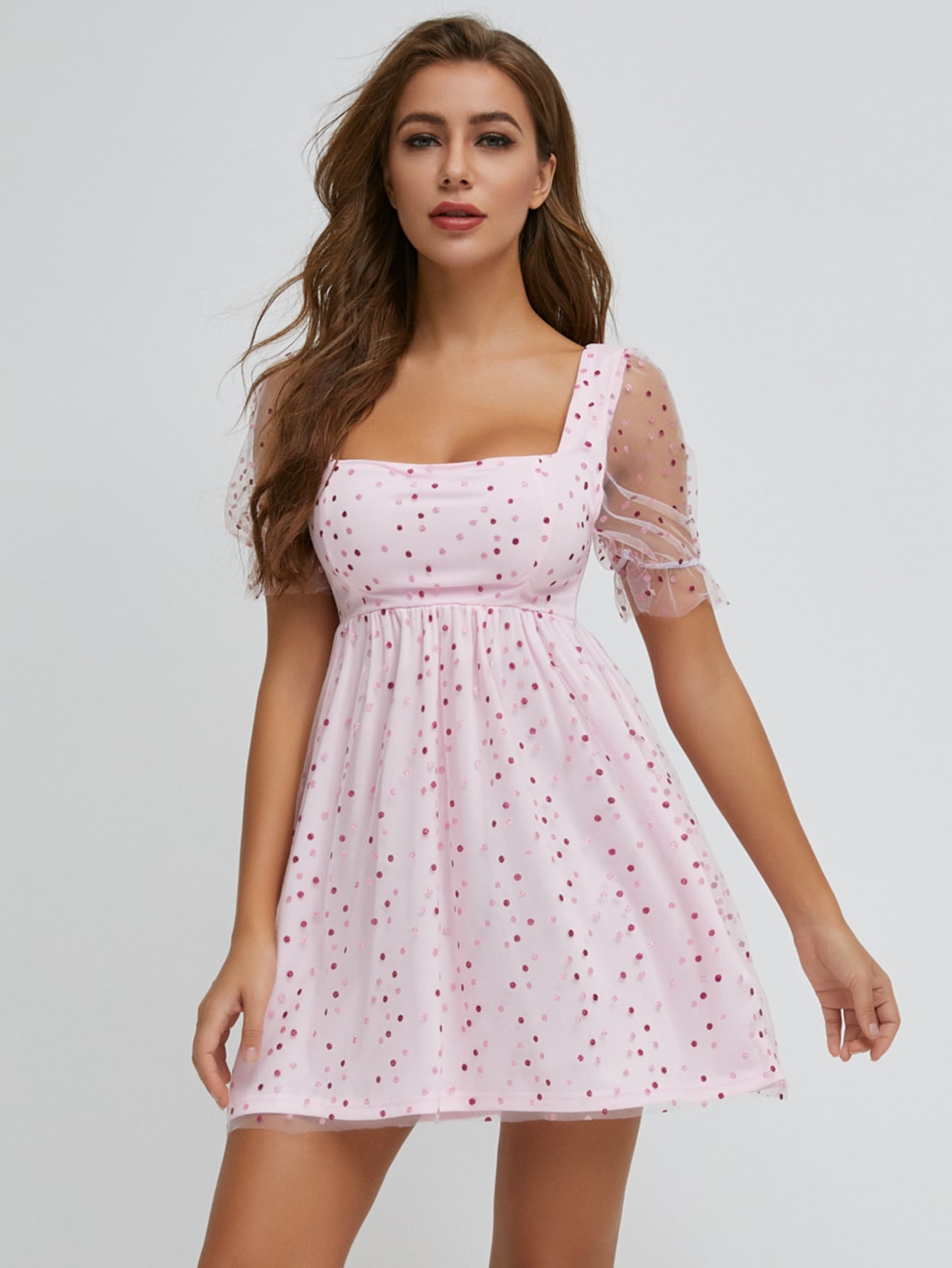 Square Neck Dot Mesh Dress