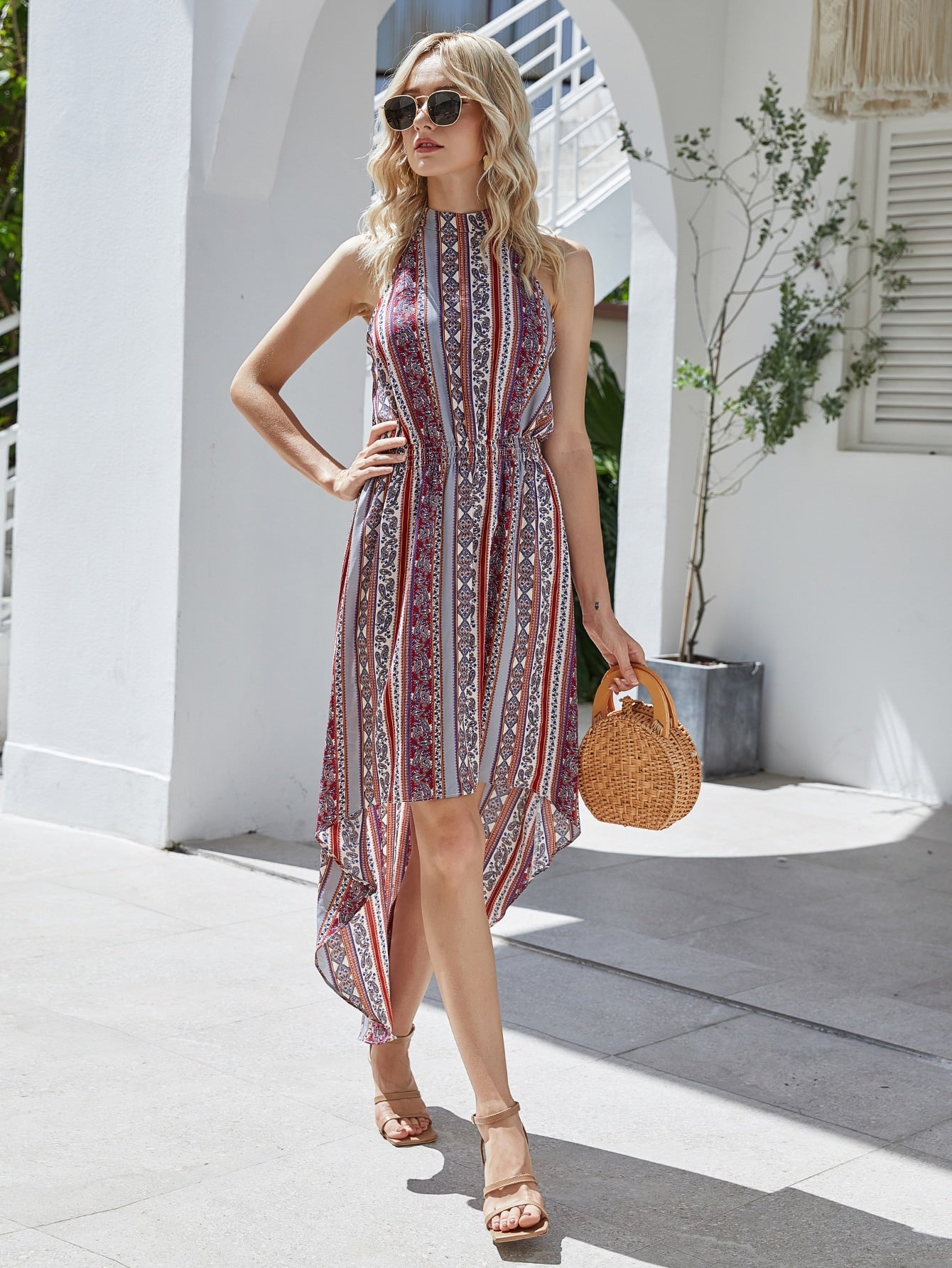 Aztec Print High Low Tie Back Halter Dress