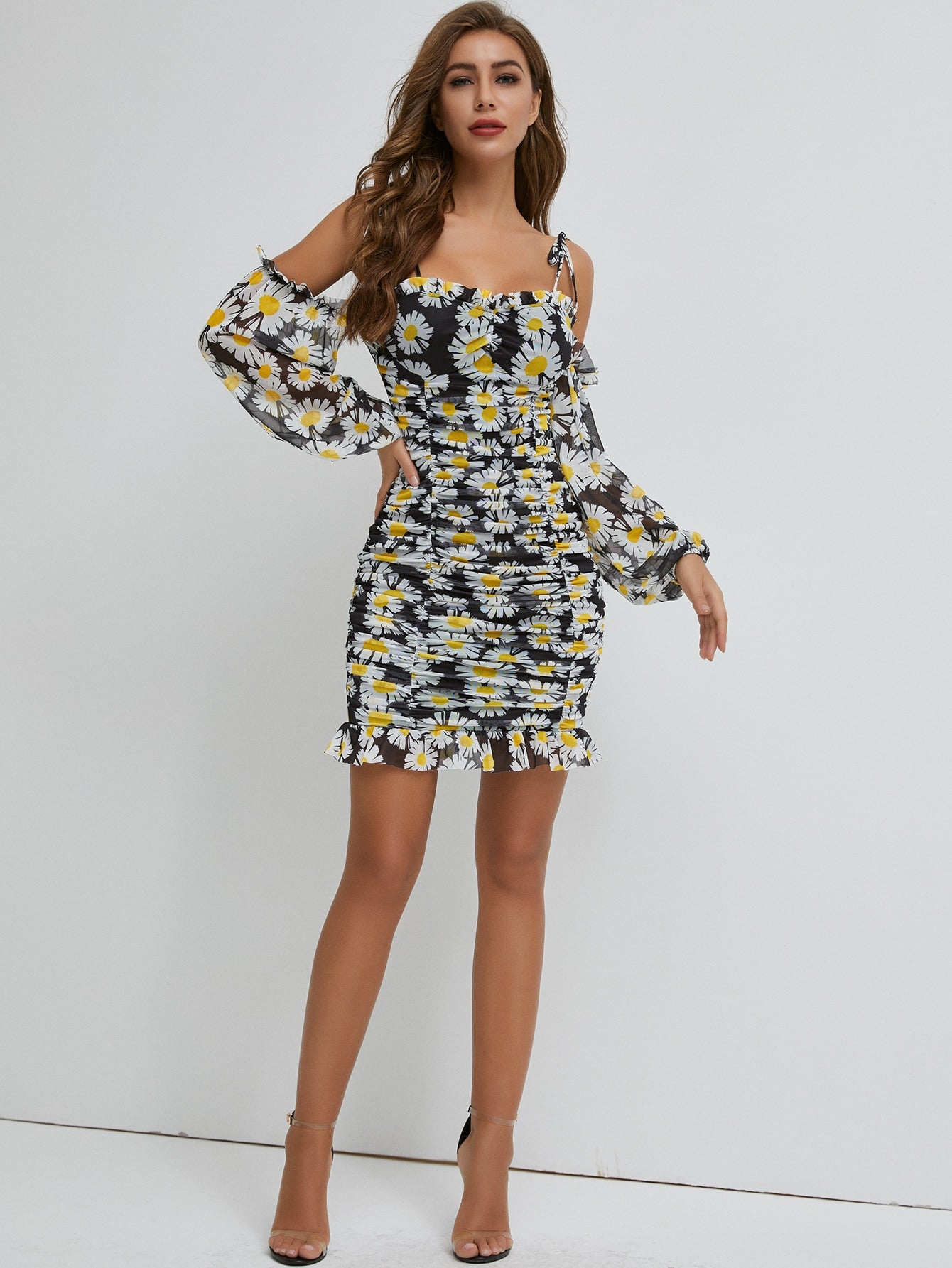 Cold Shoulder Ruched Daisy Floral Dress
